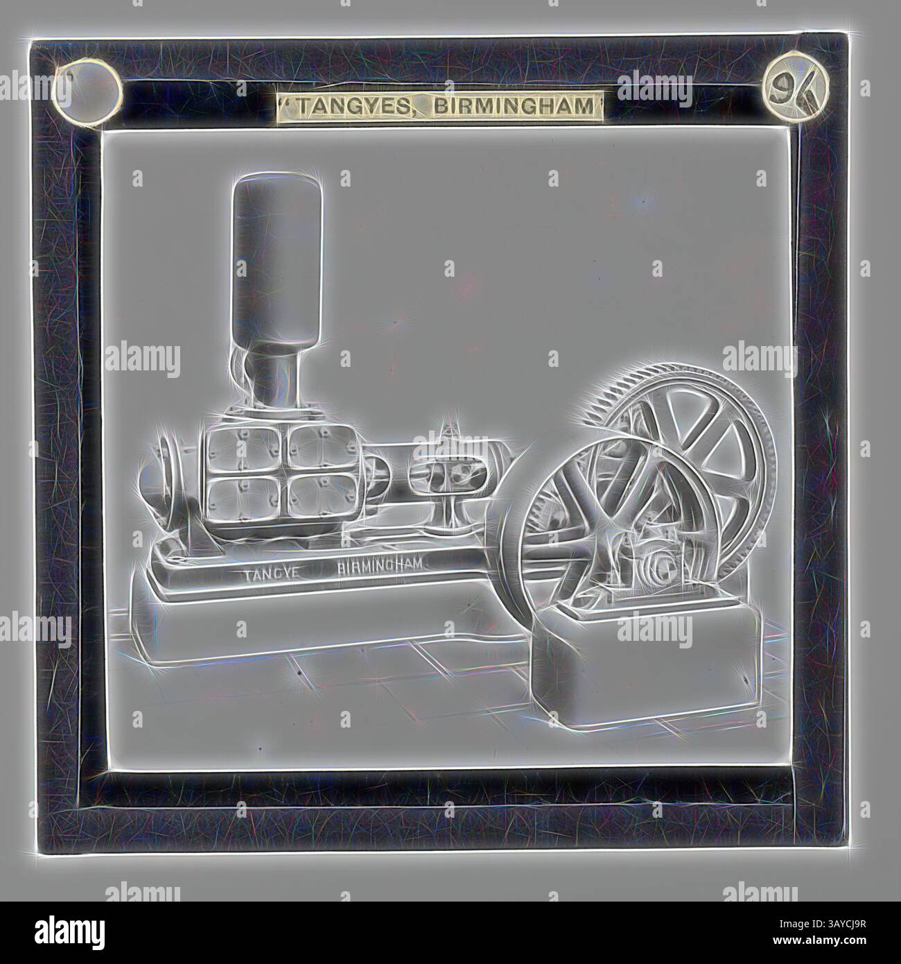Un modèle historique de machine à vapeur avec un cylindre proéminent, une roue et une base polie, avec le nom 'Tangyes, Birmingham' affiché en évidence., Lantern Slide - Tangyes Ltd, horizontal Simplex double-Acting Pump, circa 1910, l'une des 239 diapositives lanternes en verre représentant des produits fabriqués par les ingénieurs de Tangyes Limited de Birmingham, Angleterre. Les images comprennent divers produits tels que des moteurs, des pompes centrifuges, des pompes hydrauliques, des producteurs de gaz, des machines d'essai de matériaux, presses, machines-outils, vérins hydrauliques, etc Tangyes était une société qui a fonctionné de 1857 à 1957. Ils ont produit un Banque D'Images