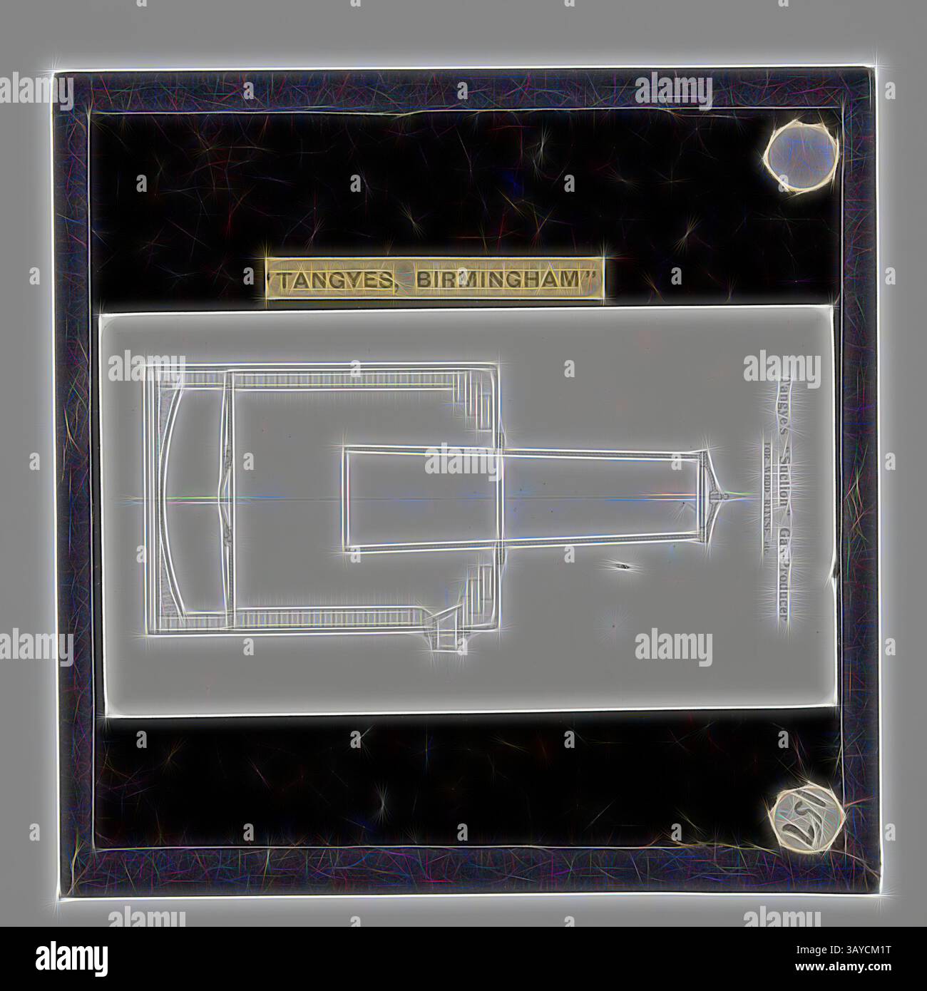 Une représentation complexe d'un plan de construction étiqueté 'TANGYES, BIRMINGHAM', avec une disposition détaillée et des éléments architecturaux, mis en évidence sur un fond sombre., Lantern Slide - Tangyes Ltd, Suction Gas Producer Diagram, circa 1910, l'une des 239 diapositives lanternes en verre représentant des produits fabriqués par les ingénieurs de Tangyes Limited de Birmingham, Angleterre. Les images comprennent divers produits tels que des moteurs, des pompes centrifuges, des pompes hydrauliques, des producteurs de gaz, des machines d'essai de matériaux, presses, machines-outils, vérins hydrauliques, etc Tangyes était une société qui a fonctionné de 1857 à 1957. Elles Banque D'Images