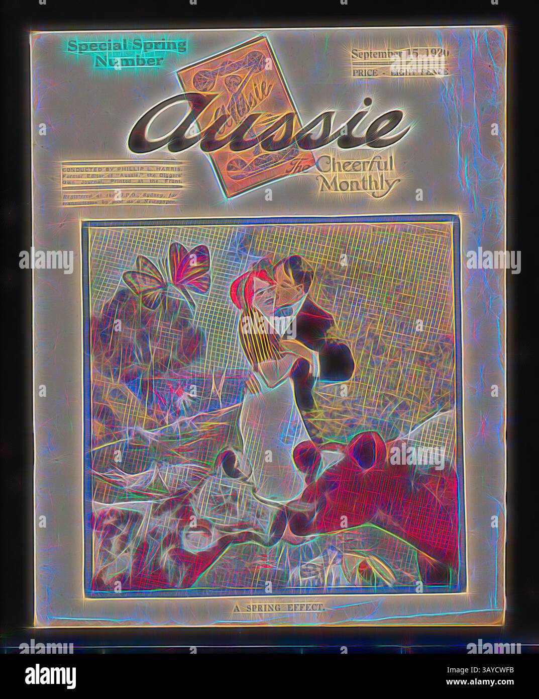 Une couverture de magazine vintage présentant une scène romantique, avec un couple embrassant au milieu de motifs floraux vibrants, mis en évidence par le titre « Aussie : The Cheerful Monthly ». La date est le 15 septembre 1921, et elle suggère une édition spéciale de printemps., Magazine - 'Aussie', n° 19, 15 septembre 1920, n° 19, 15 septembre 1920, publication d'après la première Guerre mondiale 'Aussie', 'The Cheerful Monthly'. Un des exemplaires de magazines 'Aussie' de la collection du Museum Victoria du 5 juin 1918 au 15 janvier 1929. 'Aussie' (1918- vers 1929) était un magazine commercial d'opinion, de critique et de divertissement. IT Banque D'Images