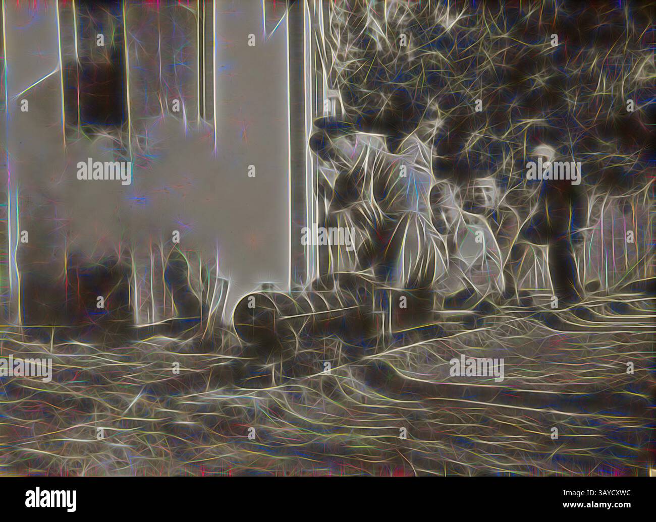 Un groupe de personnes est engagé dans diverses activités à l'extérieur d'un bâtiment, certains semblant interagir avec des objets sur le terrain. La scène transmet un sentiment de communauté et de mouvement dans un contexte chaotique et flou., photographie numérique - Man & Two Boys Riding miniature train for Charity, Sandringham, 1943-1944, Un homme et deux garçons chevauchant un train miniature dans une cour arrière. Deux hommes sont debout derrière et un hangar est visible à gauche. Cette photographie montre un trajet en train miniature pour l'association caritative « Bomb Children of Britain », Sandringham, vers 1943. Les trois hommes qui montent le train le sont Banque D'Images