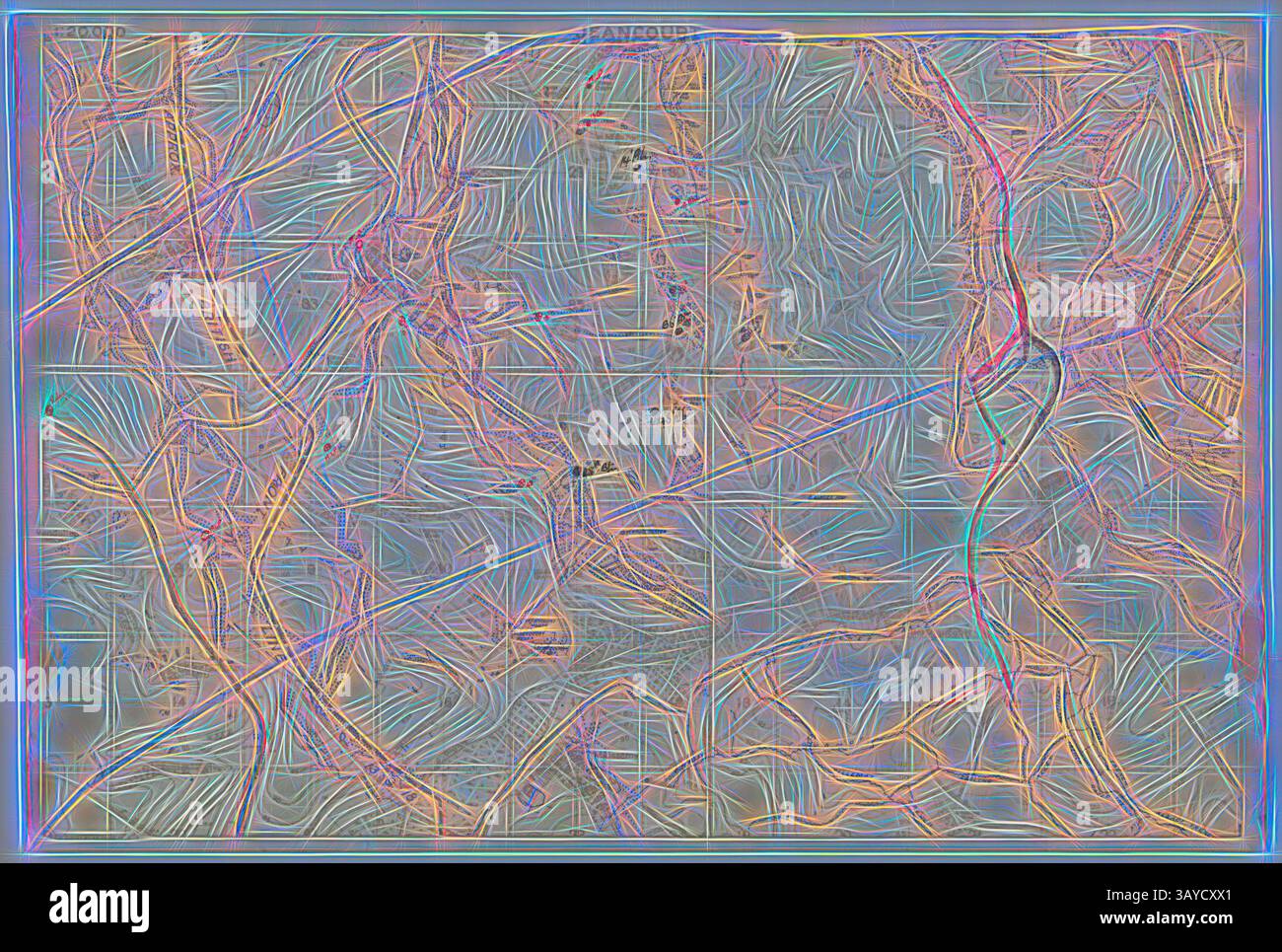 Une représentation vibrante et abstraite d'une carte topographique, mettant en évidence des lignes et des motifs complexes qui évoquent une sensation de terrain et d'altitude, ponctuée par des reflets colorés qui ajoutent de la profondeur et du mouvement au paysage., carte - militaire, tranchée, France, secteur Jeancourt, échelle 1 :20,000, avec trace Overlay, première Guerre mondiale, 14 septembre 1918, carte de tranchée du secteur de Jeancourt avec trace Overlay, échelle 1 :20,000, faite et utilisée pendant la première Guerre mondiale il est daté du 14 septembre 1918, et est inscrit 'champ Survey Battalion RE, 4340. Les endroits sur la carte incluent Jeancourt, le Verguier, Pontruet et Berthaucourt Banque D'Images