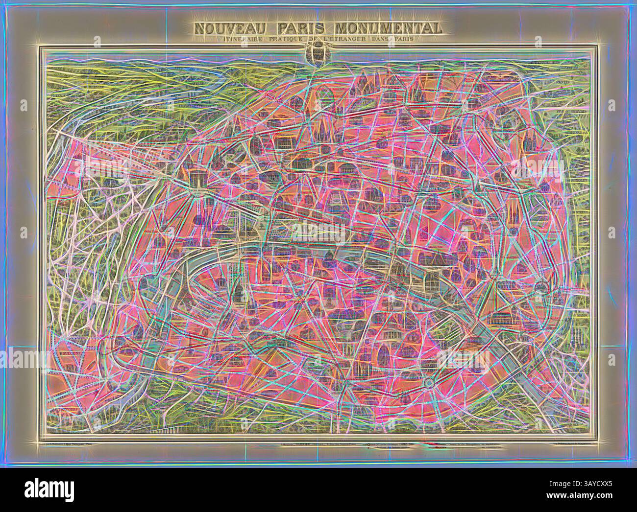 Une carte détaillée du Paris historique avec des plans de rues complexes et des monuments importants, recouverte de couleurs vives qui mettent en valeur les différents quartiers et itinéraires de la ville., carte - « Nouveau Paris Monumental », première Guerre mondiale, 1916-1919, carte touristique pliante de Paris, recto-verso, dans une couverture en carton rouge, imprimée par DufrÃ©noy. Il est décrit (en français) comme fournissant un itinéraire pratique pour les visiteurs. Il a probablement été acheté pendant la première Guerre mondiale la carte a été donnée par John Lord (service de la première Guerre mondiale # 6252), qui a fait don d'une collection importante de la première Guerre mondiale au Musée Banque D'Images