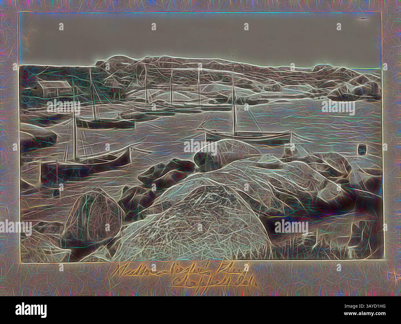 Une scène côtière sereine mettant en vedette des bateaux ancrés près de rivages rocheux, encadrés par de douces vagues et des collines lointaines, le tout rendu dans un style artistique rêveur qui rehausse sa beauté tranquille., photographie - 'Mutton-Birder's Fleet, Chappell Island, 1893, l'une des soixante-neuf photographies noir et blanc et sépia tonées dans un album relié [dont six sont lâches] prise par Un J Campbell lors d'une expédition scientifique Field Naturalists' Club of Victoria au Furneaux Group of, Bass Strait, November183. art classique avec une touche moderne réinventé par Artotop Banque D'Images