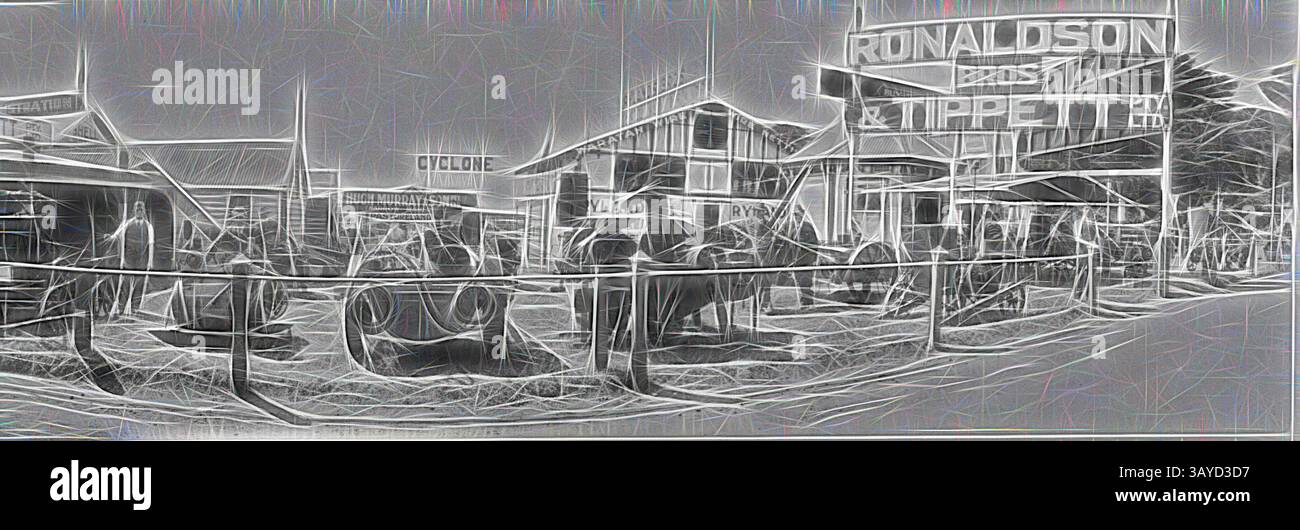 Une scène animée avec divers bâtiments, y compris des panneaux pour « Ronaldson » et « Tippett », ainsi que des véhicules tirés par des chevaux et des personnes engagées dans l'activité, le tout dans un environnement extérieur animé. Négatif - Ronaldson Brothers & Tippet Machinery Display, Royal Melbourne Agricultural Show, Flemington, Victoria, 1920-1930, Ronaldson Brothers et Tippet Display au Royal Melbourne Agricultural Show. De nombreuses pièces de machines sont exposées., Art classique avec une touche moderne réinventée par Artotop Banque D'Images