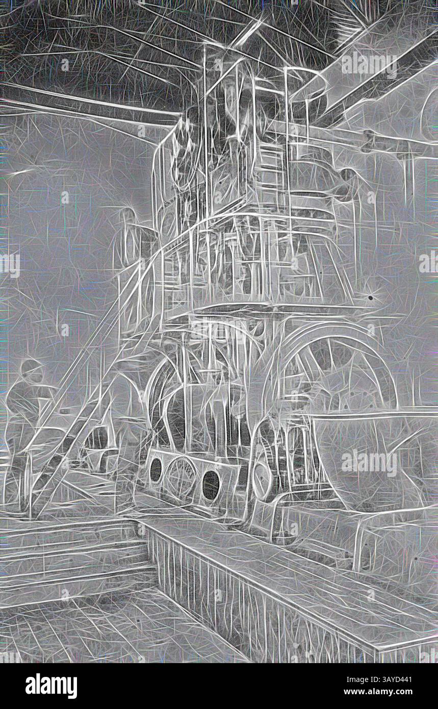 Une scène industrielle vintage présente une configuration complexe de machines, avec de grands engrenages et des détails complexes. Les chiffres sont vus interagir avec l'équipement, soulignant le mélange de la technologie et de l'implication humaine dans une ère révolue de l'artisanat., négatif - trois hommes avec le moteur de pompage d'irrigation dans la salle des machines, Mildura, Victoria, vers 1900, trois hommes avec le moteur de pompage d'irrigation dans la salle des machines. La machine à vapeur à triple expansion inversée a été construite par Tangyes Ltd, de Birmingham, sur une conception de George Chaffey, vers 1888., art classique avec une touche moderne réinventée par Artotop Banque D'Images