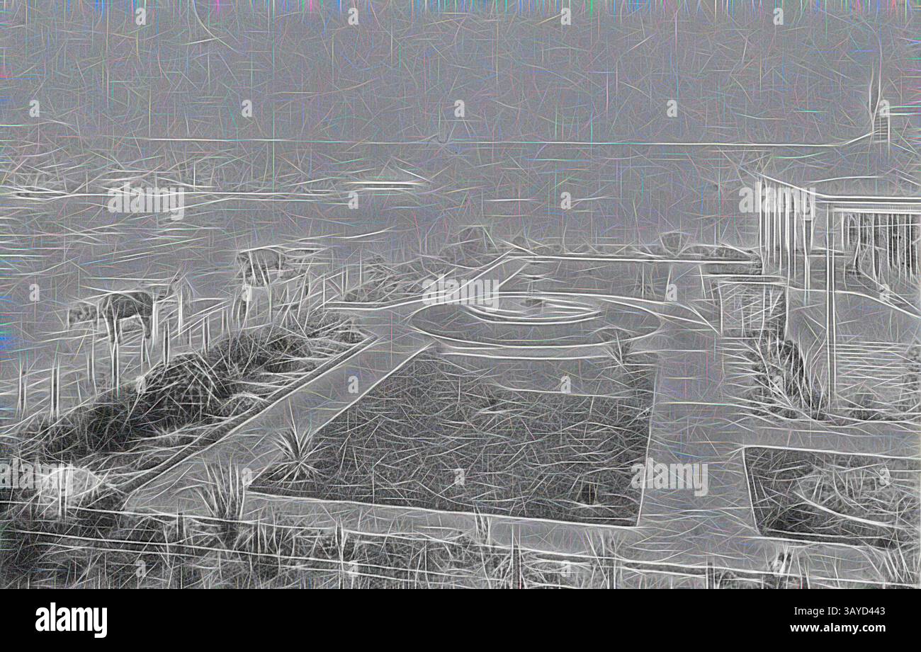 Une vue sereine sur la côte dispose d'un jardin méticuleusement paysager avec des dessins géométriques et une végétation luxuriante, se mélangeant parfaitement avec le paysage marin tranquille en arrière-plan., négatif - véhicules tirés par des chevaux devant une maison avec jardins formels, Mildura, Victoria, circa 1885, jardins formels avec une maison sur la droite. Ouvrez les champs et le buisson en arrière-plan. Poussettes tirées par des chevaux sont garées près de la clôture., art classique avec une touche moderne réinventée par Artotop Banque D'Images