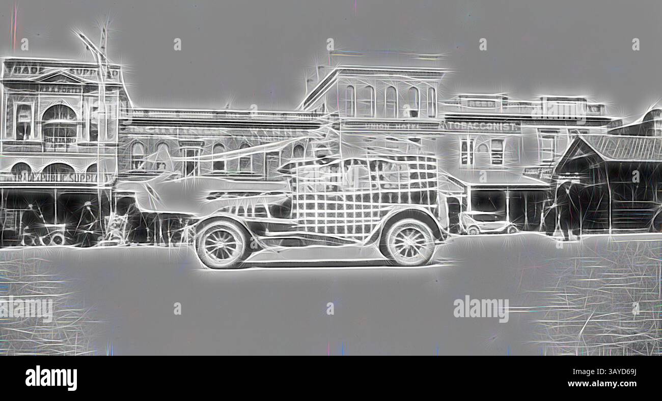Une automobile du début du XXe siècle stationnée devant des bâtiments historiques, présentant une scène animée d'une époque révolue. L'architecture présente des détails complexes, reflétant le style de l'époque. Les gens sont présents, ajoutant à l'atmosphère animée du marché., négatif - voiture à moteur avec cadre en préparation pour les célébrations du centenaire, Ballarat, Victoria, 1938, préparatifs pour les célébrations du centenaire de Ballarat. Une voiture à moteur avec cadre attaché qui soutiendra les décorations., Art classique avec une touche moderne réinventée par Artotop Banque D'Images