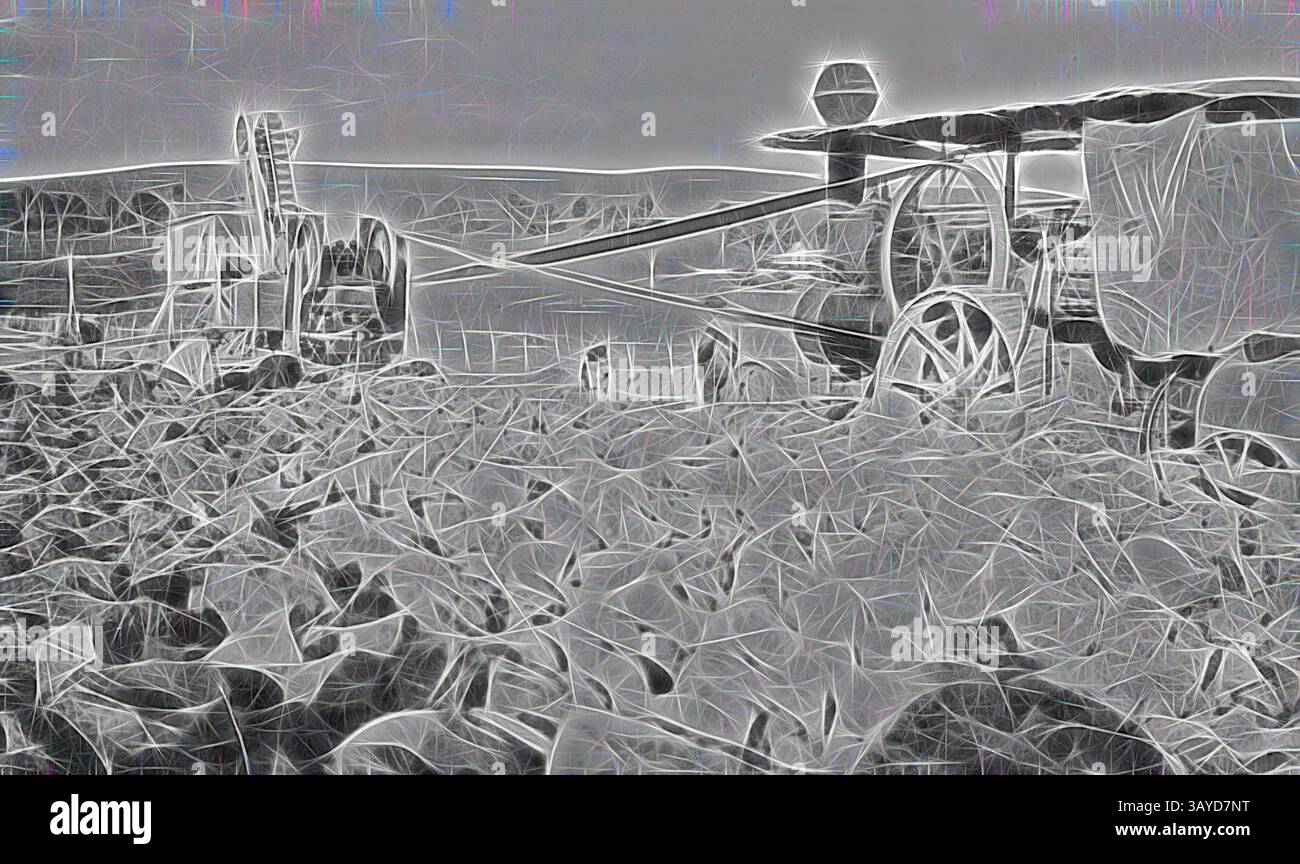 Une charrue vintage se trouve au milieu d'un paysage texturé, entouré d'un terrain rocheux et d'un horizon lointain, évoquant un sentiment d'agriculture intemporelle., négatif - moteurs de traction au travail dans une usine de concassage de roches, Mannibadar ( ?), Victoria, 1930, moteurs de traction au travail dans une usine de concassage de roches. La roche doit être utilisée dans la construction de routes., art classique avec une touche moderne réinventée par Artotop Banque D'Images
