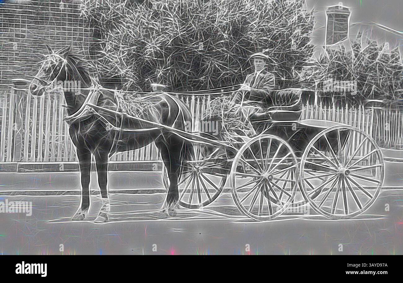 Une calèche tirée par des chevaux est capturée avec un chauffeur assis en toute confiance aux rênes, entouré d'arbres et d'une clôture en bois en arrière-plan. La scène évoque un sentiment de nostalgie et de vie plus lente., négatif - Albert Butcher dans un cheval et un buggy, Buninyong, Victoria, 1912, Albert Butcher dans un cheval et un buggy venant de rentrer d'un voyage de 250 miles sur Black Spur à la rivière Goulburn, Yea et retour à travers Whittlesea et Melbourne., art classique avec une touche moderne réinventé par Artotop Banque D'Images