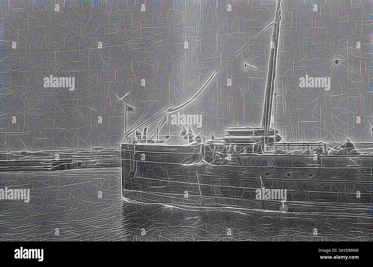 Un navire vintage accoste au port, ses voiles doucement bondissant dans la brise, entouré par un paysage serein de front de mer. La scène capture un moment de l'histoire maritime, mêlant nostalgie et beauté de l'eau., négatif - Melbourne, Victoria, février 1902, la SS 'Pateena' dans la rivière Yarra. La photographie a été prise trois minutes après sa collision avec le SS'Pilbarra' et des dommages peuvent être vus du côté bâbord., Art classique avec une touche moderne réinventée par Artotop Banque D'Images