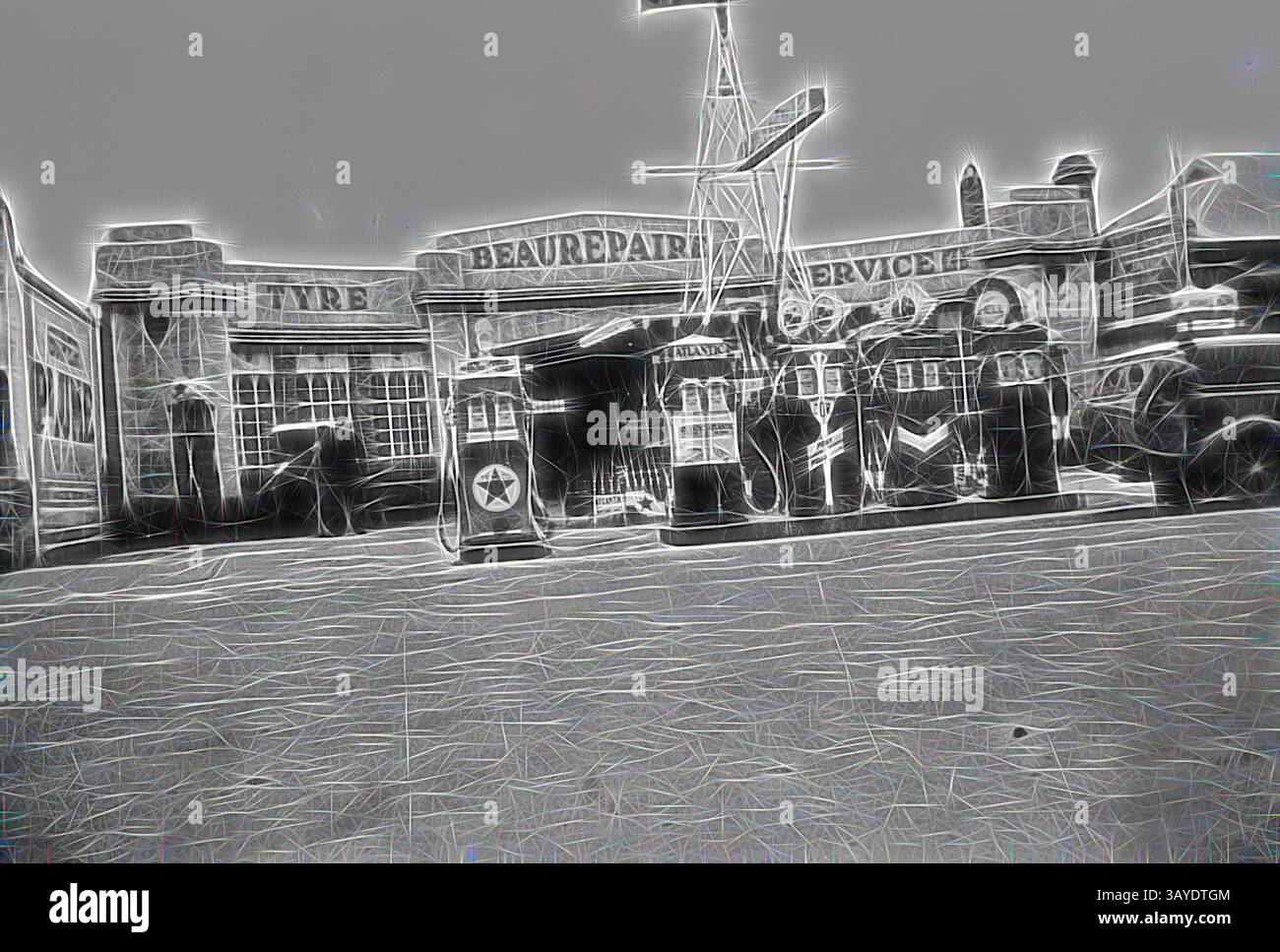 Une station-service vintage avec un atelier de réparation de pneus et des pompes à essence rétro, caractérisée par des détails complexes et une touche de flair artistique., négatif - Bendigo, Victoria, circa 1935, Un garage automobile annonçant Beaurepaire Tyre Service. Il y a cinq pompes à essence, dont Caltex (peut-être Texaco) et Atlantic, devant le garage., art classique avec une touche moderne réinventée par Artotop Banque D'Images