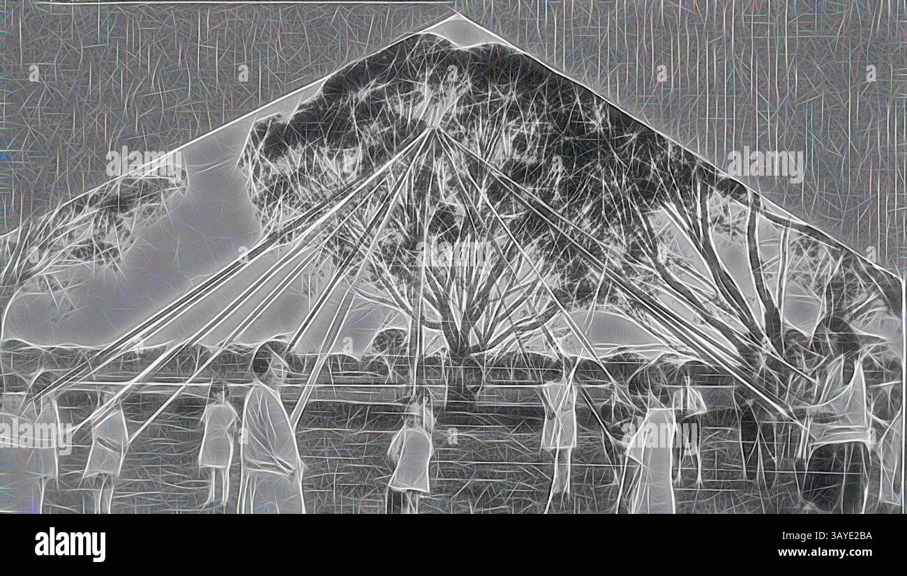 Un groupe de personnes se rassemble sous une grande tente, chacune tenant sur des cordes qui s'étendent jusqu'à son sommet. La scène est remplie d'arbres en arrière-plan, créant un sentiment de camaraderie et de but partagé comme ils travaillent ensemble pour soutenir la structure., négatif - Victoria, circa 1935, les enfants sur le point de commencer une danse maypole., Art classique avec une touche moderne réinventé par Artotop Banque D'Images