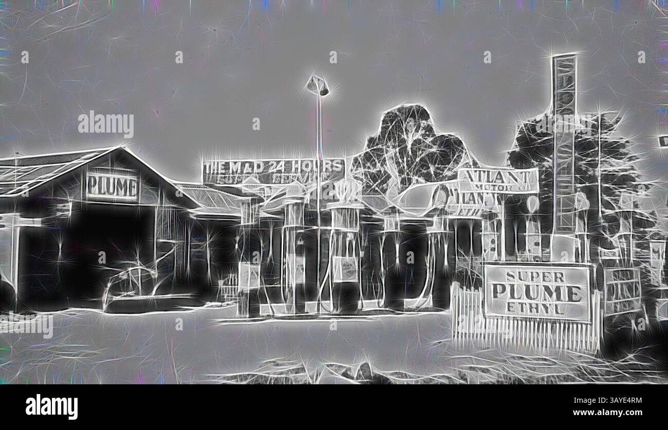 Une station-service à l'ancienne arbore des enseignes vintage, présentant diverses options de carburant et de services. La structure dégage une ambiance nostalgique, évoquant des souvenirs de voyages en voiture et automobile américaine classique., négatif - Benalla, Victoria, circa 1935, le M & d 24 heures super service garage. Il y a dix pompes à essence (pour différentes marques d'essence) et une voiture Chevrolet est garée sur la gauche., art classique avec une touche moderne réinventée par Artotop Banque D'Images