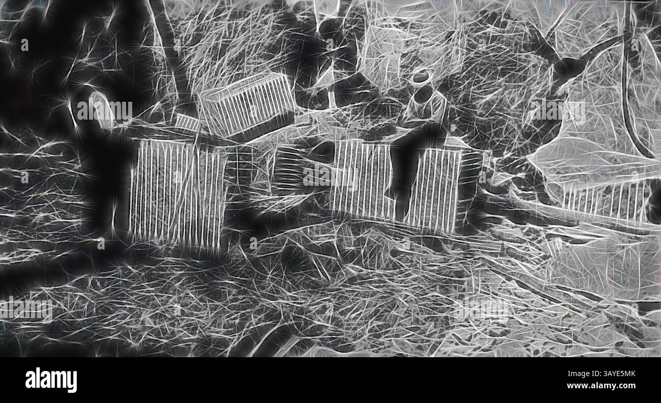 Une scène texturée avec des caisses en bois empilées au milieu d'un enchevêtrement de branches et de débris, créant un sentiment de désarroi et d'interaction avec la nature., négatif - South Buchan, Victoria, vers 1920, hommes coupant le marbre qui doit être expédié à Londres pour construire Australia House. Le marbre provient de la carrière de marbre de South Buchan., art classique avec une touche moderne réinventée par Artotop Banque D'Images