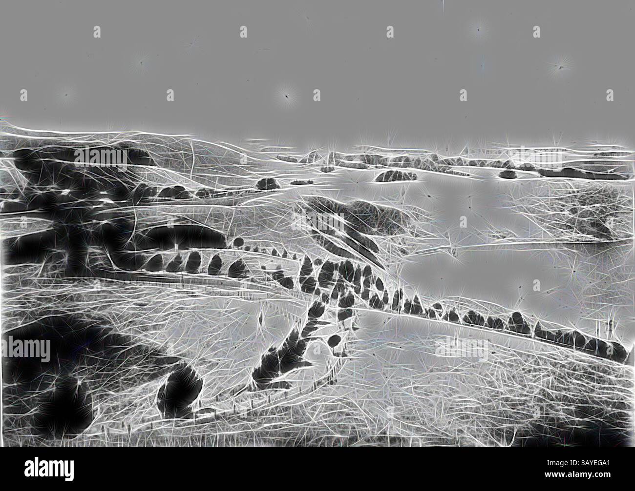 Un paysage serein s'étend à travers l'horizon, avec des collines douces et des sentiers sinueux, encadrés par des grappes d'arbres. La scène évoque un sentiment de tranquillité et de beauté naturelle, invitant le spectateur à explorer la vue ouverte., négatif - Red Rock, alvie, Victoria, circa 1930, Un lac et la campagne près d'alvie., art classique avec une touche moderne réinventé par Artotop Banque D'Images