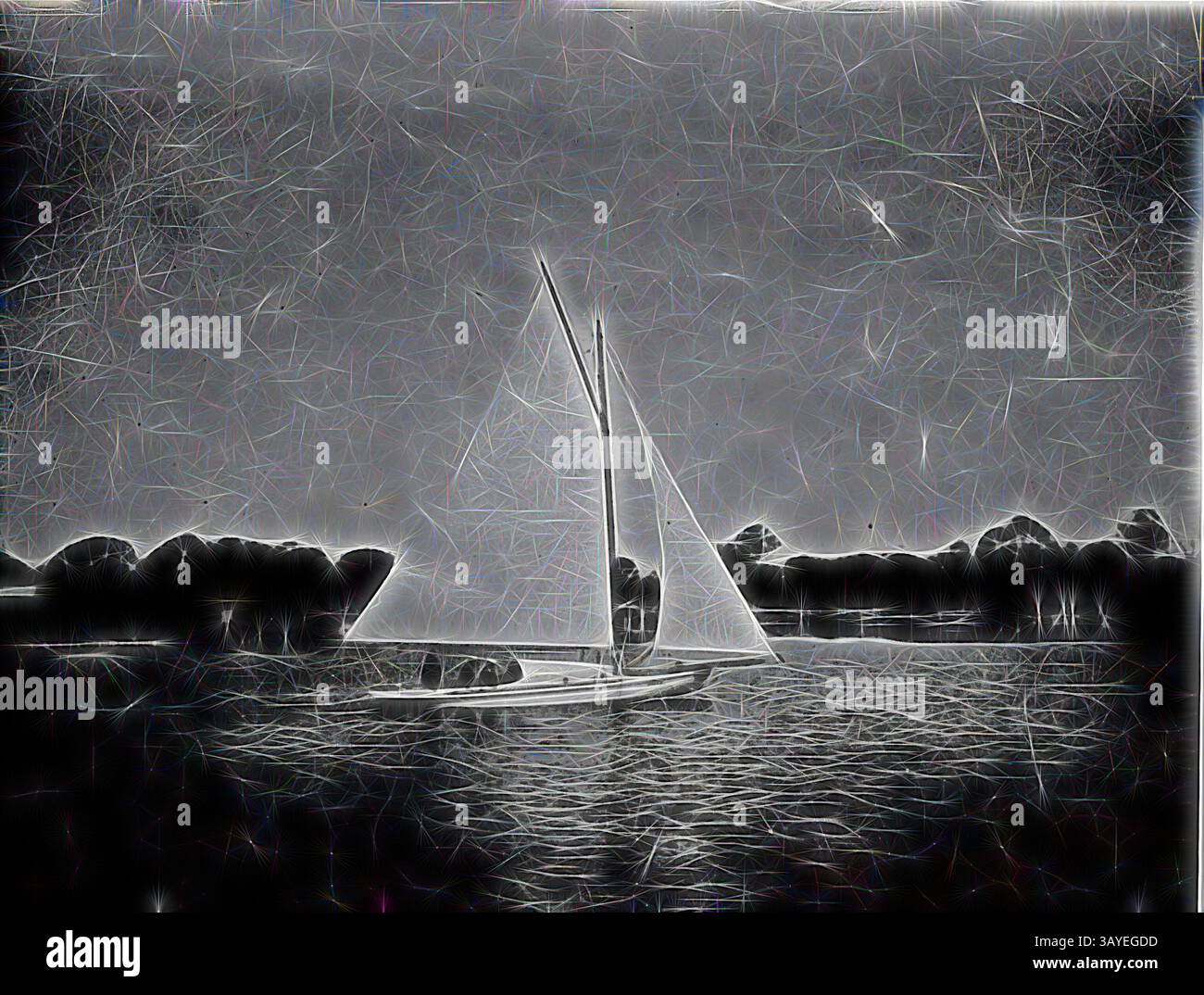 Un voilier glisse sur des eaux tranquilles, ses voiles blanches attrapant une douce brise, encadrée par un paysage serein de silhouettes sombres et de reflets ondulants., négatif - Paynesville, Victoria, circa 1915, Un yacht, 'The Boomerang', sur les lacs du Gippsland., art classique avec une touche moderne réinventée par Artotop Banque D'Images
