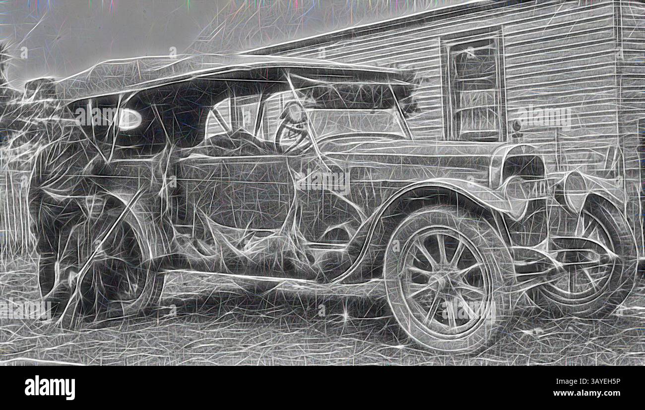 Une voiture d'époque du début du XXe siècle est garée à côté d'une modeste maison, tandis qu'une personne s'appuie contre elle, peut-être engagée dans une réparation ou une conversation. Le véhicule présente des éléments de design classiques, y compris de grandes roues et des détails complexes qui reflètent son époque., négatif - hommes et voiture chargés d'animaux morts, Victoria, vers 1915, deux hommes avec des kangourous morts et des lapins attachés au côté de leur voiture. Les hommes semblent être en uniforme militaire., Art classique avec une touche moderne réinventée par Artotop Banque D'Images
