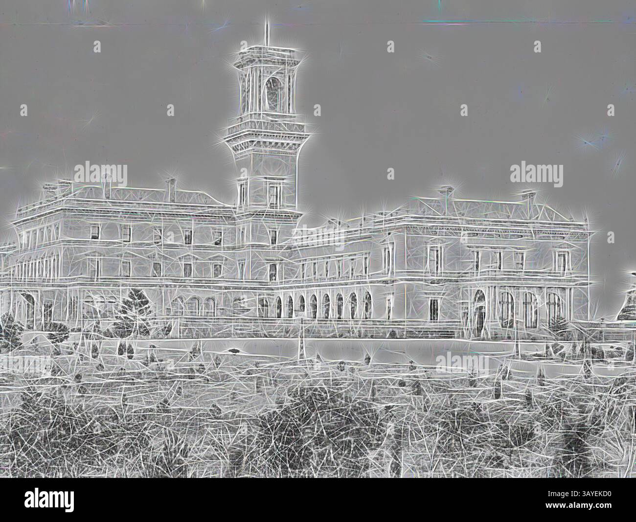 Un bâtiment historique dispose d'une tour de l'horloge frappante, entouré d'une architecture élégante et d'une végétation luxuriante, créant un sentiment de beauté intemporelle., négatif - Melbourne, Victoria, circa 1885, Government House., art classique avec une touche moderne réinventé par Artotop Banque D'Images Un bâtiment historique dispose d'une tour de l'horloge frappante, entouré d'une architecture élégante et d'une végétation luxuriante, créant un sentiment de beauté intemporelle., négatif - Melbourne, Victoria, circa 1885, Government House., art classique avec une touche moderne réinventé par Artotop Banque D'Images