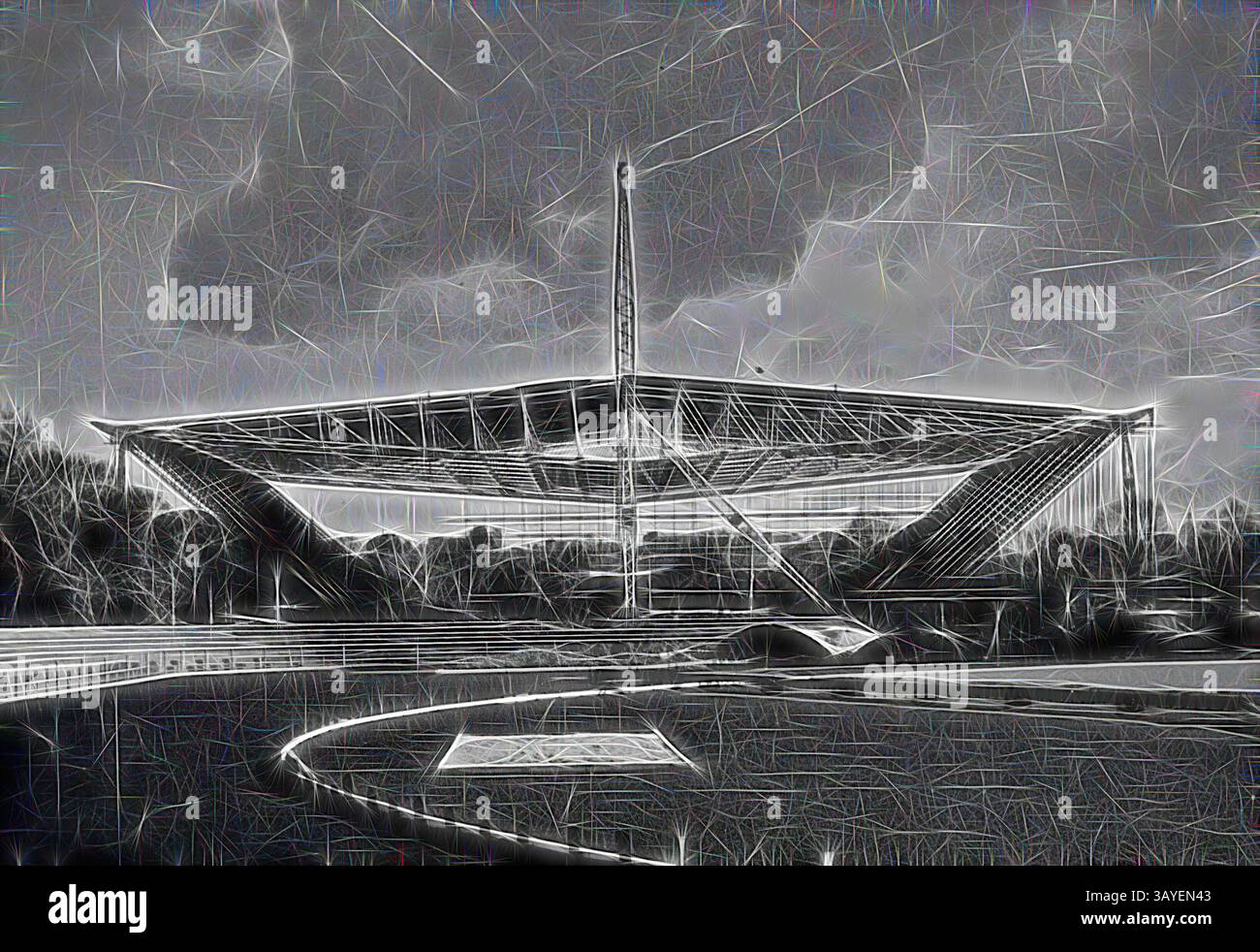 Une structure architecturale frappante présente un grand toit en porte-à-faux soutenu par des colonnes minces, posées contre un ciel spectaculaire. Le paysage environnant comprend une piste et de la verdure, ajoutant de la profondeur à la scène., négatif - par Melbourne Olympic Games, 1956, Melbourne, Victoria, 1956, la piscine olympique de Melbourne en construction pour les Jeux Olympiques de 1956., art classique avec une touche moderne réinventé par Artotop Banque D'Images