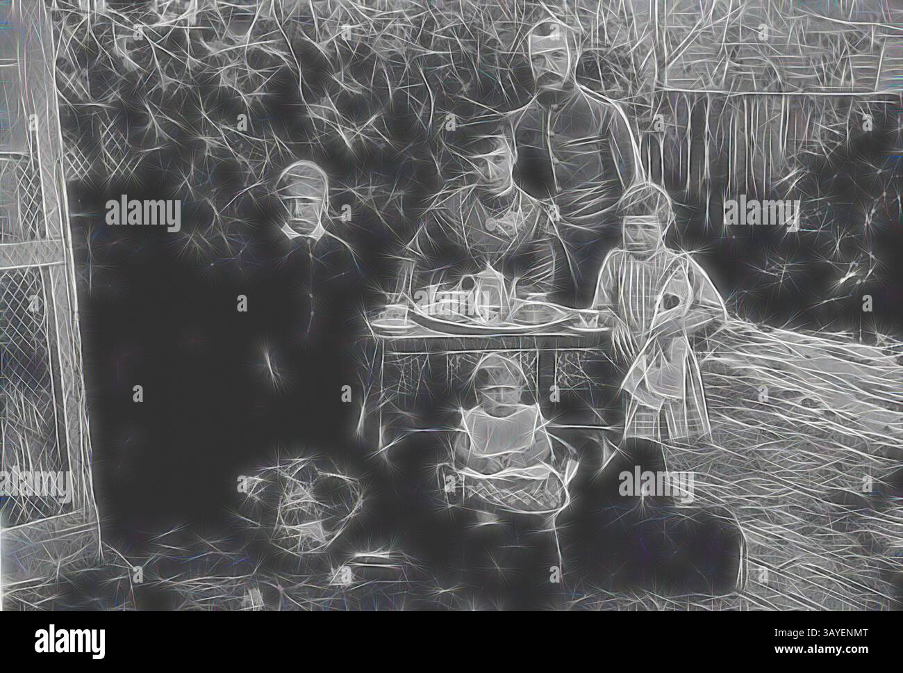 Une famille se rassemble autour d'une table en plein air, entourée d'une verdure luxuriante. Les adultes manifestent un sentiment de fierté et de soin, tandis que les enfants, habillés en tenue du début du XXe siècle, semblent curieux et ludiques. Un sentiment de chaleur et de convivialité imprègne la scène, capturant un moment de la vie quotidienne., négatif - famille Beckett, Charlton, Victoria, 1891, Portrait de la famille Beckett dans leur arrière-cour à Charlton, Victoria, 1891. Photographie de Thomas Beckett. Thomas Beckett dans son uniforme de milice, Kate Beckett assis, et leurs enfants George (né en 1884), Nellie (né en 1885) et Lawrence (né en 1890). Pièce Banque D'Images
