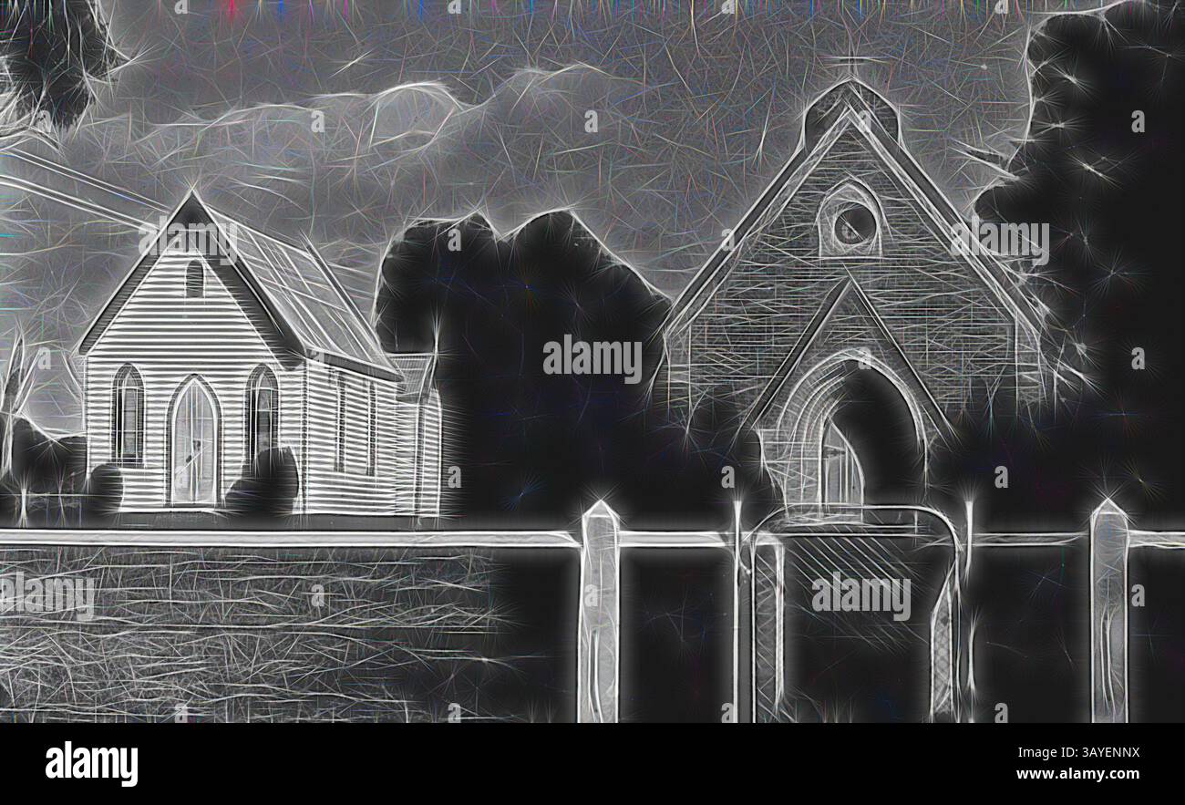 Deux églises distinctes se tiennent côte à côte, présentant des caractéristiques architecturales uniques. L'une a un toit pointu et des détails ornés, tandis que l'autre présente un design plus angulaire avec une entrée proéminente. Une clôture encercle la propriété, placée contre un ciel dramatique qui améliore la qualité éthérée de la scène., négatif - Victoria, circa 1955, Une église en brique et une salle d'église en bois., Art classique avec une touche moderne réinventée par Artotop Banque D'Images