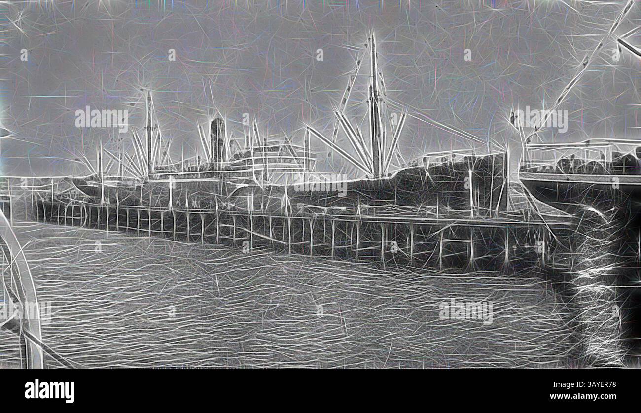 Une scène portuaire vintage avec de grands navires amarrés à un quai, entourés de mâts et de gréements, créant un sentiment d'histoire et d'activité maritimes., négatif - Wallaroo, Australie méridionale, vers 1925, deux navires en quai à Wallaroo., art classique avec une touche moderne réinventée par Artotop Banque D'Images