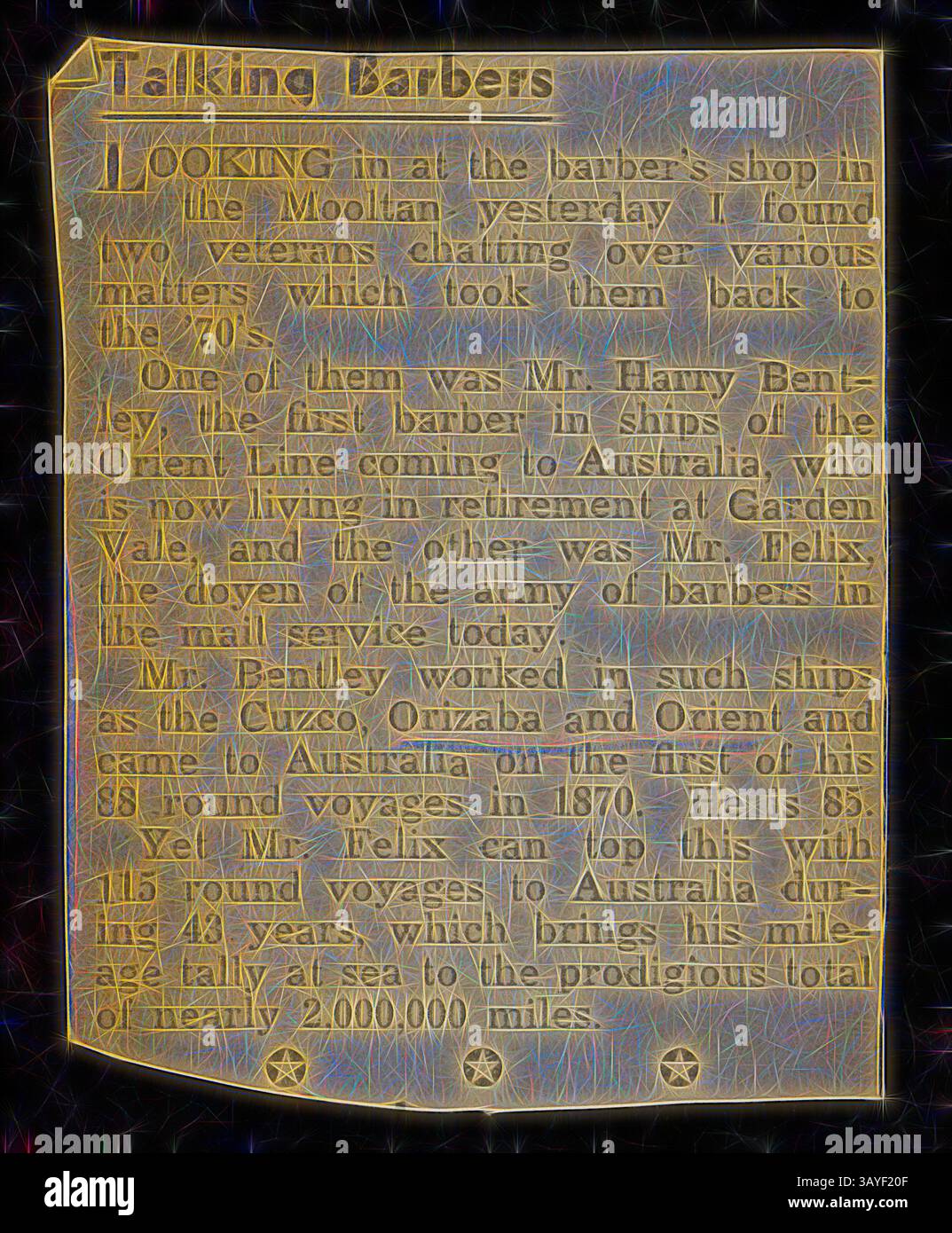 Un récit nostalgique d'un salon de coiffure, racontant l'histoire de deux barbiers, MM. Harry Bent et Felix Beasley, qui ont des liens profonds avec l'histoire de leur métier et la communauté. Il met en lumière leurs voyages, y compris les voyages importants et leur impact sur le service local, réfléchissant sur l'héritage qu'ils ont construit au fil des ans., coupure de journal - 'Talking Barbers', Journal, Charles Care, 1888, coupure de journal libre intitulée 'Talking Barbers', il traite des carrières de deux barbiers qui ont servi sur les navires de la ligne Orient au cours des années 1870 Il a été trouvé dans un journal écrit par Charles Banque D'Images