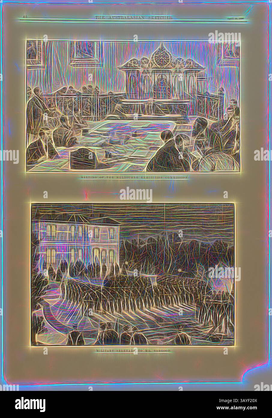 Une scène historique représentant un rassemblement formel, avec une architecture ornée et des individus élégamment habillés, contrastant avec une procession militaire à l'extérieur d'un grand bâtiment, mettant en valeur un mélange de cérémonie et de tradition., coupure de journal - 'Meeting of the Melbourne Exhibition Commission', The Australasian Sketcher, Melbourne, 10 avril 1880, deux pages (p. 39-40) de The Australasian Sketcher, samedi 10 avril 1880, publié par Wilson & McKinnon, Melbourne. La deuxième page se compose de deux demi-pages, illustrations en noir et blanc. L'image du haut représente une réunion de l'exposition de Melbourne Banque D'Images