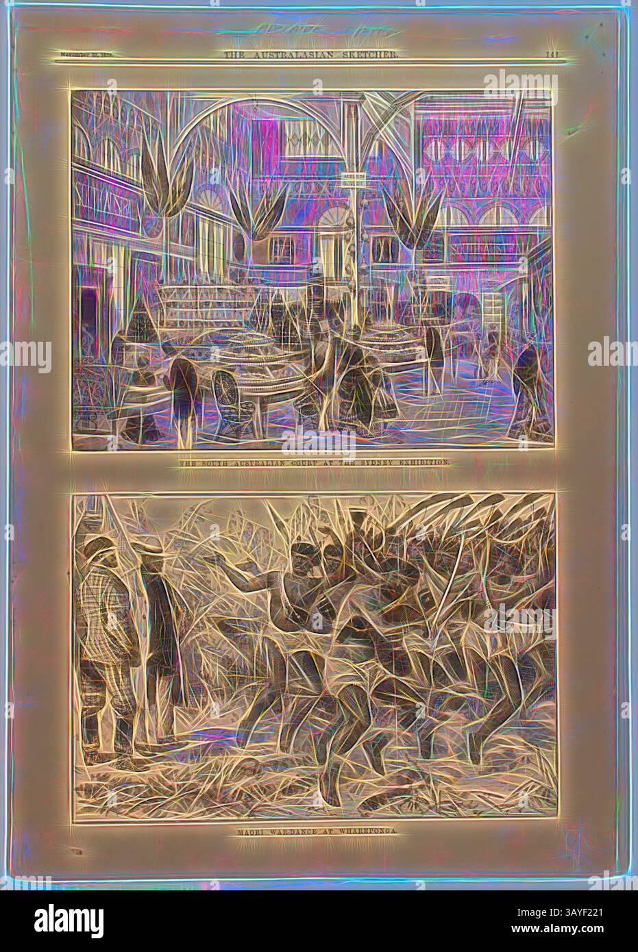 Une scène intérieure animée avec une exposition avec divers affichages et participants explorant l'espace. Ci-dessous, un portrait dynamique capture un groupe engagé dans des activités traditionnelles, mettant en valeur des éléments culturels et le travail d'équipe., extraits de journaux - "The South Australian court at the Sydney Exhibition", The Australasian Sketcher, Adélaïde, 22 novembre 1879, extraits de l'édition Adélaïde de The Australasian Sketcher, 22 novembre 1879 (pp129-32, 141-44), publié par GN & WH Birks. Les pages illustrées se rapportent toutes à la cour d'Australie méridionale à l'exposition internationale de Sydney (SIE) qui Banque D'Images