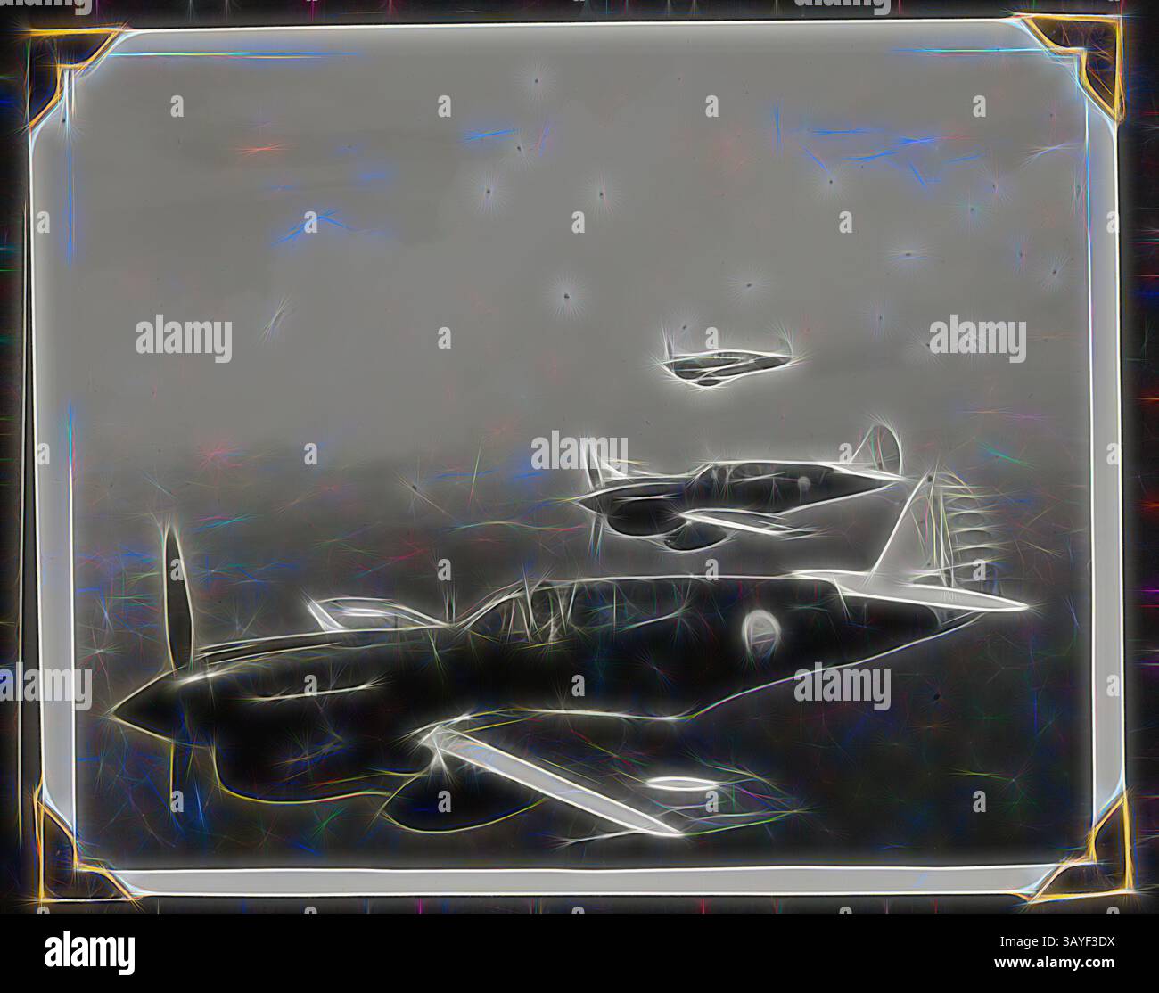 Deux avions vintage glissent dans le ciel, mettant en valeur leurs designs élégants et leurs profils distincts. Un plan apparaît légèrement plus haut, créant une sensation de profondeur et de mouvement. La scène est imprégnée d'une énergie vivante, suggérant un moment d'aventure aérienne., photographie - '77 Squadron in the Air', 1941-1945, photographie noir et blanc du 77 Squadron Kittyhawks dans les airs. L'une des 116 photographies d'un album photographique détenu par le pilote Colin Keon-Cohen. Ce sont de très bonnes images de la vie à Singapour avec 205 Sqn RAF, puis 77 Sqn RAAF, époque de la seconde Guerre mondiale., art classique avec une touche moderne Banque D'Images