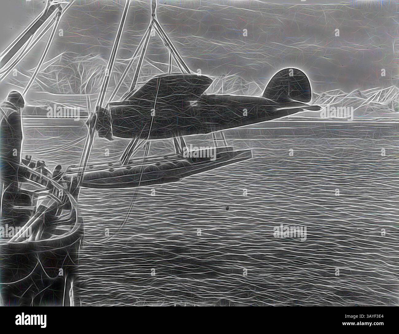 Un hydravion d'époque est soulevé de l'eau, avec un groupe de personnes observant du bord d'un bateau, entouré d'eaux calmes et de montagnes lointaines., photographie - Loving Lockheed Vega Float plane from Ship, Wilkins Hearst Antarctic Expedition, par George Rayner, Port Lockroy, Antarctique, vers 1929, PHOTOGRAPHIE ; AVION DE DÉCHARGEMENT ÉQUIPÉ DE FLOTTEURS DU NAVIRE, VERS 1929. AVION MARQUÉ WILKINS HEARST ANTARCTIC EXPEDITION ET LOCKHEED AIRCRAFT CO. LOS ANGELES ÉTATS-UNIS ET VEGA X3903. PHOTOGRAPHIE PROBABLEMENT PRISE PAR GEORGE RAYNER EN ANTARCTIQUE., art classique avec une touche moderne réinventée Banque D'Images