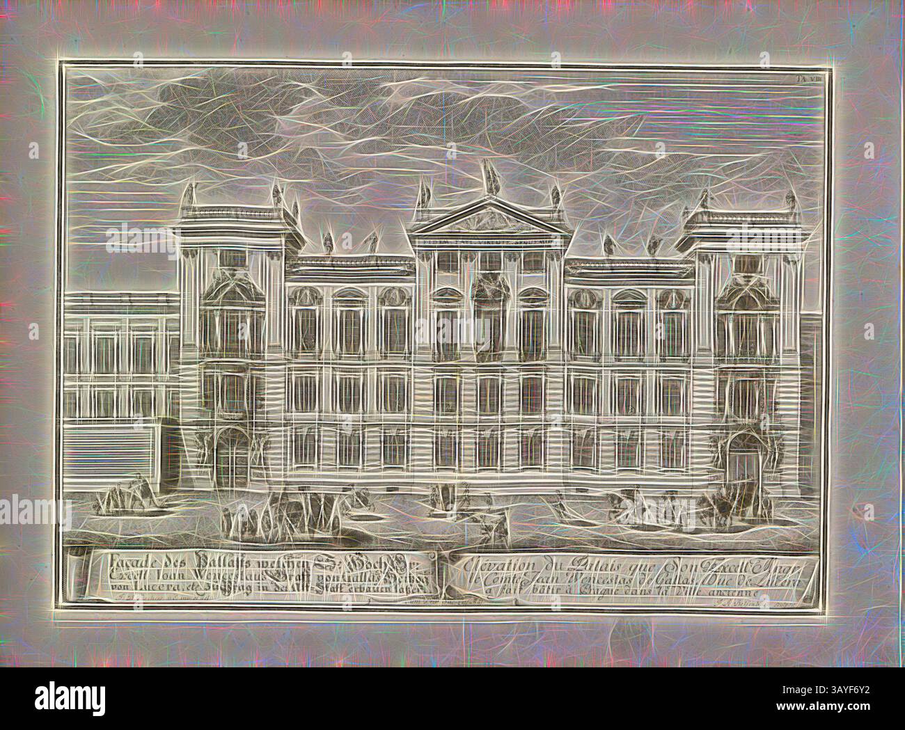 Illustration architecturale détaillée d'un grand bâtiment, avec des motifs ornés et une série de statues sur le toit. La scène est encadrée par des nuages tourbillonnants, renforçant l'effet dramatique de l'impressionnante façade de la structure. Texte en bas fournit un contexte sur l'emplacement et l'importance de l'édifice., façade du palais qui ... Exell. Ioan. Venceslas Graff von Gallas ... construire Prague dans l'Alt-Statt, façade d'un palais du comte Ioan., Venceslas construit dans la vieille ville de Prague a été estimé à partir du 18ème siècle, date ;, signé : J. B. Fischer v., E. inv. Et al., J.A Banque D'Images