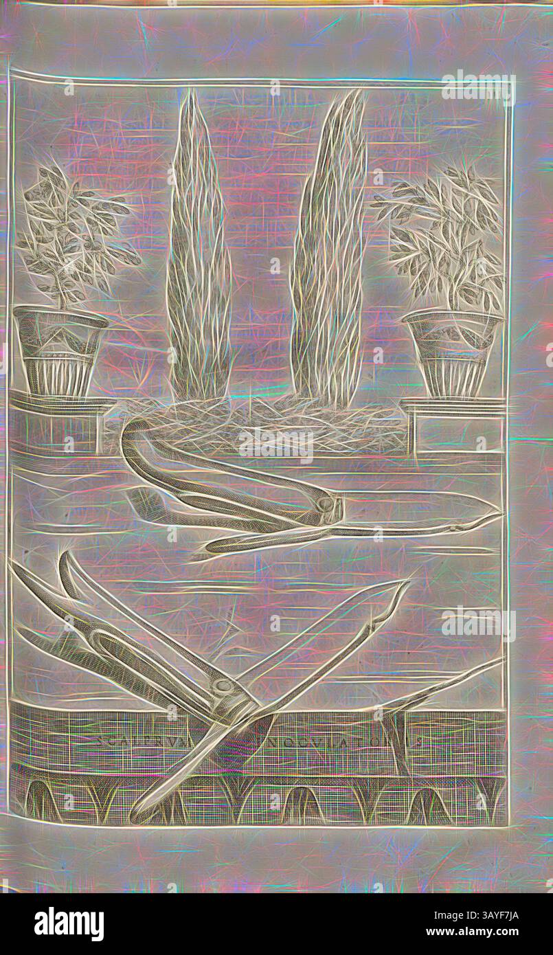 Un jardin serein avec deux grands cyprès et des plantes en pot sur fond texturé. Au premier plan, une paire de cisailles élégamment incurvées repose sur une surface de pierre, suggérant un lien avec le jardinage et la nature., Scalprum Inoculatoris, couteau de jardin, Fig. 18, après p. 110, 1646, Giovanni Battista Ferrari : Hesperides sive de malorum aureorum cultura et usu libri quatuor. Romae : Sumptibus Hermanni Scheus, 1646, Art classique avec une touche moderne réinventé par Artotop Banque D'Images