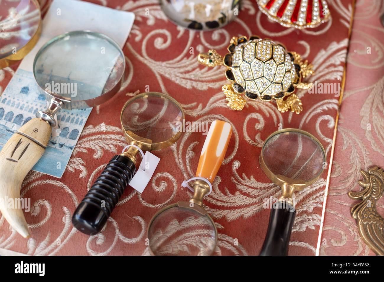 Loupes antiques et broche tortue sur le marché aux puces Banque D'Images