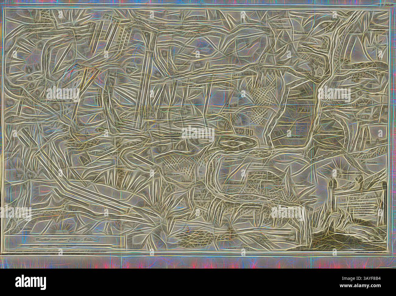 Une composition abstraite avec des lignes et des formes complexes et fluides qui s'entrelacent et se chevauchent, créant un sentiment de mouvement et de complexité. Le dessin présente un mélange de formes organiques et géométriques, évoquant un sentiment de paysages naturels et de motifs structurels., bataille de Prague à Böheim ..., Plan pour la bataille de Prague le 6 mai 1757, signé : après un plan complètement nouveau de la zone faite par C. L. Oesfeld ; gravé par C. C. C. Glassbach sen, 3e feuille, après p. 342, Oesfeld, Carl Ludwig von (angefertigt) ; Glassbach, Carl Christian (dernier), Georg Friedrich von Geselhoff Banque D'Images