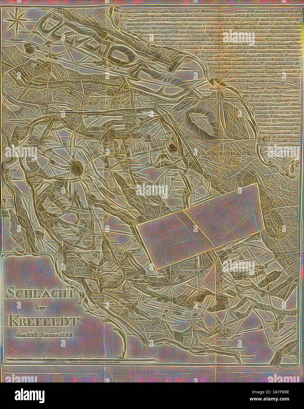 Une carte historique représentant un champ de bataille, minutieusement détaillée avec des caractéristiques géographiques, des positions des troupes et des annotations stratégiques datant de janvier 1784. La conception reflète la tension et la complexité de l'emplacement, soulignée par des lignes et des textures qui soulignent le paysage et les fortifications., bataille de Krefeldt le 23e Junius 1758, Plan de la bataille de Krefeld le 21 juin 1758, signé : C. F. Gürsch SC, fig. 2, selon p. 387, Gürsch, Carl Friedrich (SC.), Georg Friedrich von Tempelhoff, Henry Lloyd : Geschichte des siebenjährigen Krieges in Deutschland zwischen dem Banque D'Images
