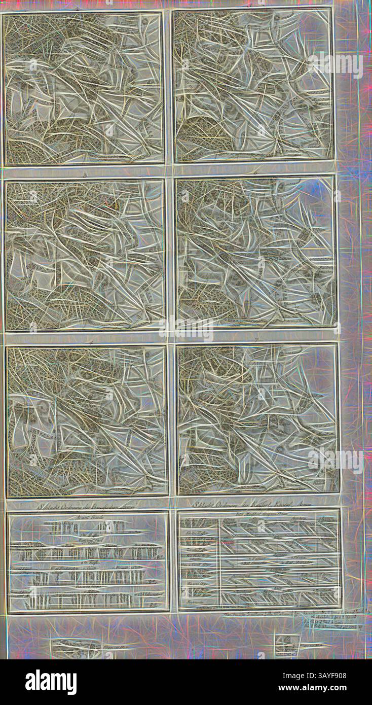 Composition abstraite présentant des motifs complexes et superposés et des textures disposés dans un format de grille, accompagnée de sections étiquetées en bas qui fournissent un contexte ou des informations supplémentaires. La conception évoque un sentiment de complexité et de détail, invitant à un examen plus approfondi., plans pour la bataille de Torgau et l'ordre de bataille des armées, ordre de bataille de l'armée prussienne et de l'armée royale impériale, fig. 5, selon p. 332, Georg Friedrich von Tempelhoff, Henry Lloyd : Geschichte des siebenjährigen Krieges in Deutschland zwischen dem Könige von Preussen und der Kaiserin Königin mit Banque D'Images