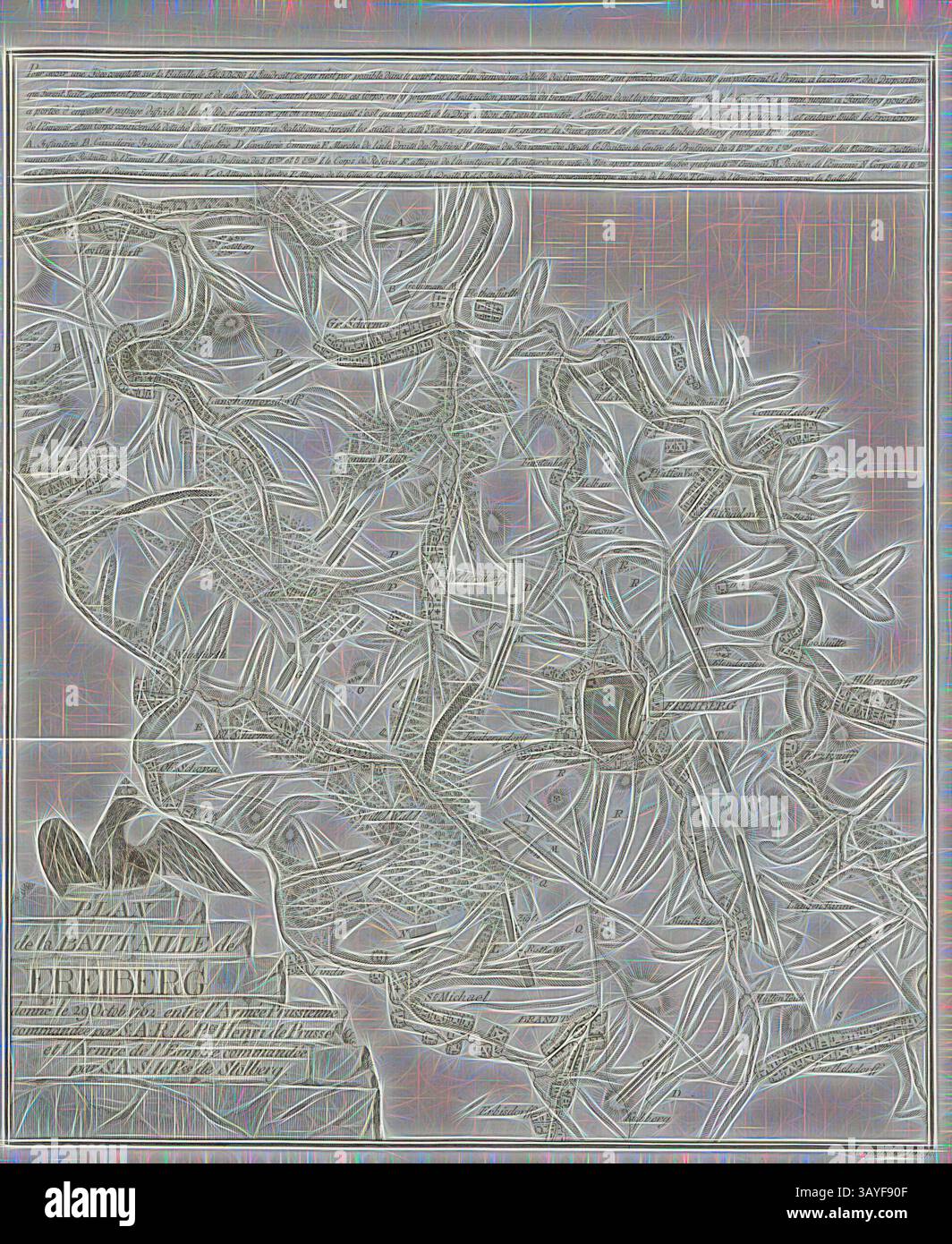 Une composition abstraite avec des motifs complexes et tourbillonnants et des formes organiques, superposés avec du texte dans une police stylisée. La conception crée un sentiment de mouvement et de complexité, invitant les spectateurs à explorer l'interaction entre les éléments graphiques et les mots écrits., Plan de la bataille de Freiberg, Plan pour la bataille de Freiberg le 29 octobre 1762, signé : C. C. Glassbach sen., SC, Plan IV, p. 293, Glassbach, Carl Christian (SC.), Georg Friedrich von Tempelhoff, Henry Lloyd : Geschichte des siebenjährigen Krieges in Deutschland zwischen dem Könige von Preussen und der Kaiserin Königin mit Banque D'Images