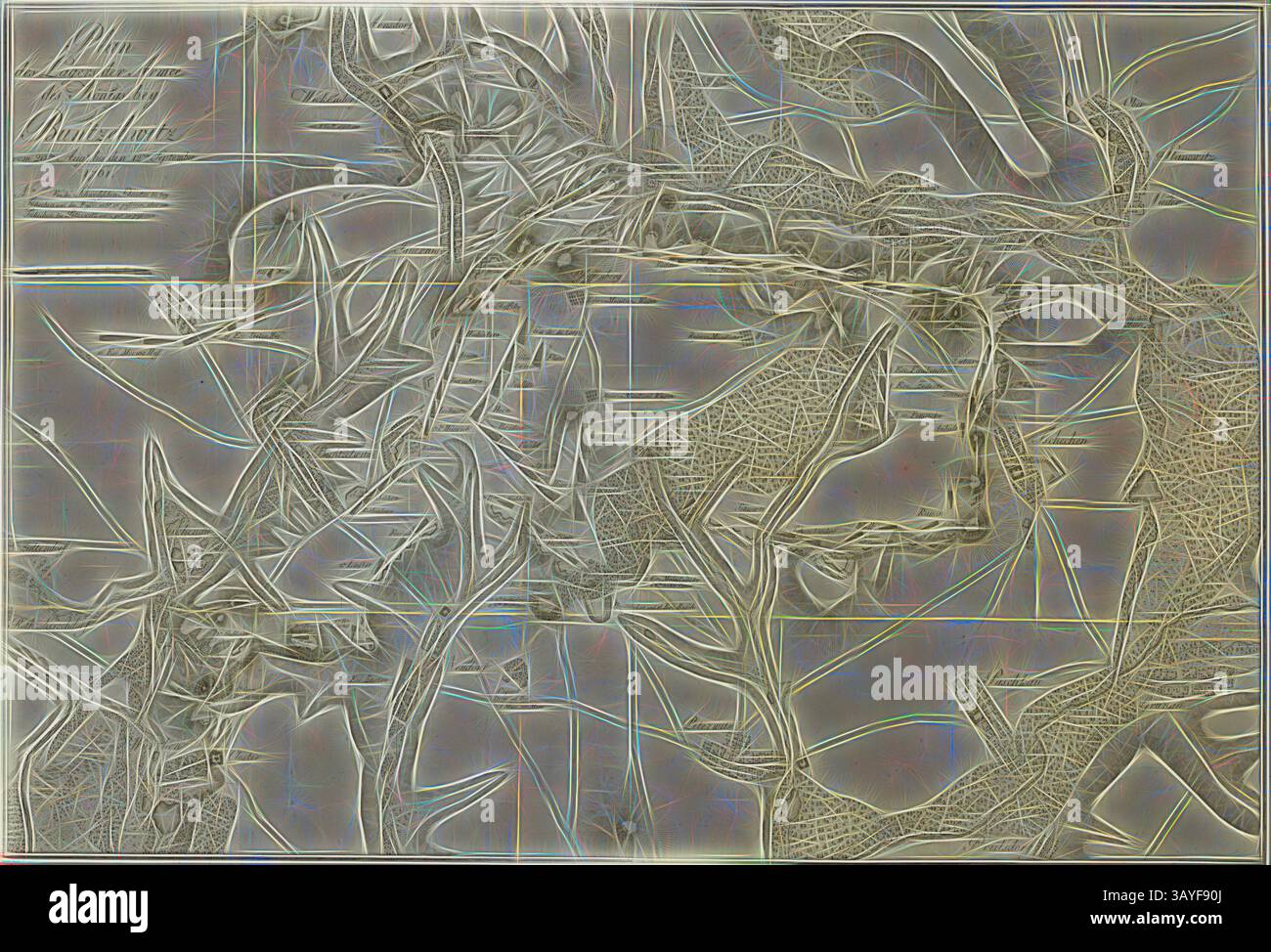 Une représentation abstraite avec des lignes et des formes complexes et tourbillonnantes qui créent une composition complexe et texturée. L'interaction de la lumière et de l'ombre ajoute de la profondeur, évoquant un sentiment de mouvement et de fluidité tout au long de la conception., Plan du camp de l'armée du roi à Buntzelwitz, Plan du camp prussien à Bunzelwitz du 20 août au 12 septembre 1761, Fig. 1, à p. 383, Georg Friedrich von Tempelhoff, Henry Lloyd : Geschichte des siebenjährigen Krieges in Deutschland zwischen dem Könige von Preussen und der Kaiserin Königin mit ihren Alliirten vom General Lloyd. ALS eine Fortsetzung Banque D'Images