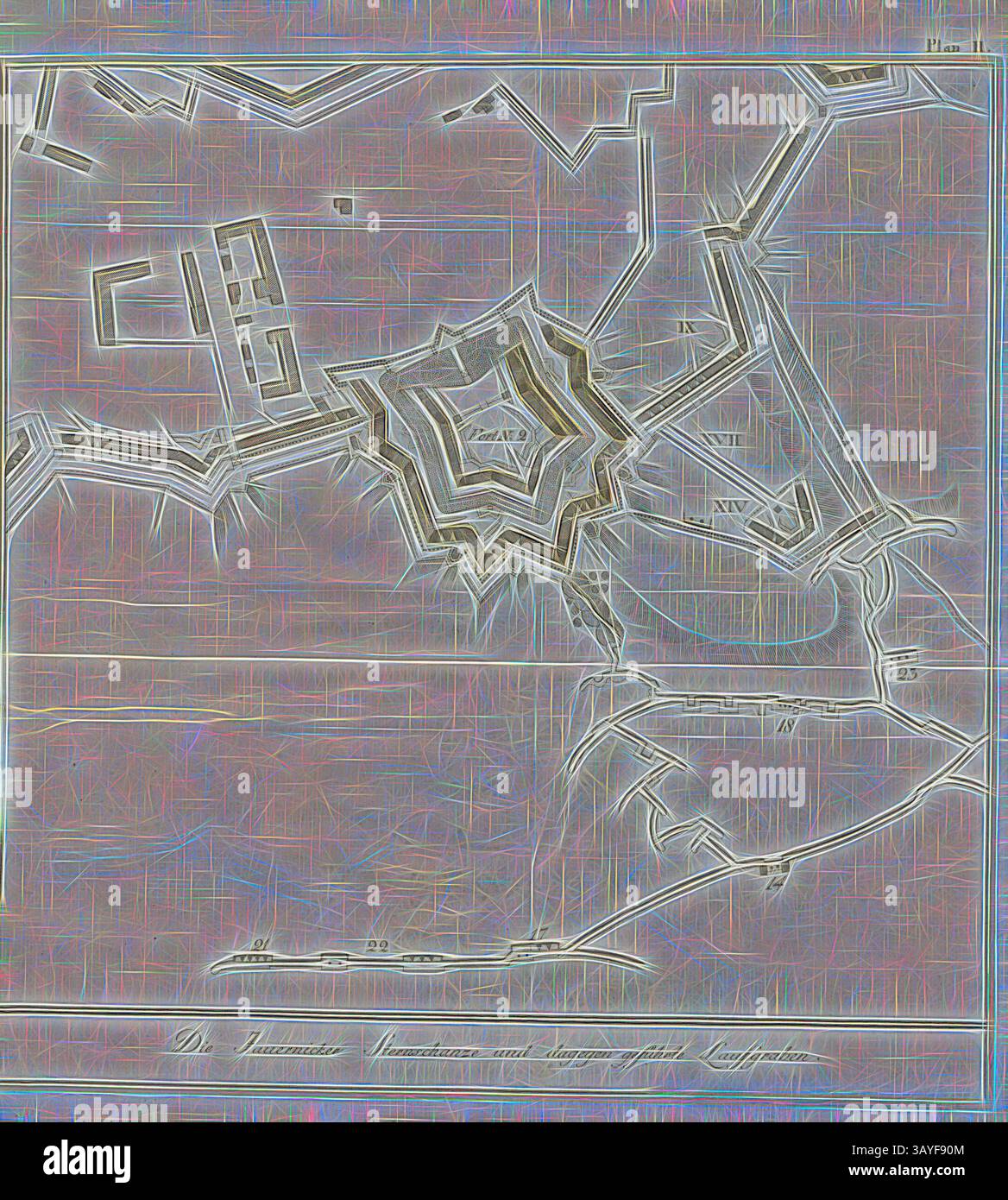 Un plan architectural détaillé présentant un tracé de forteresse en forme d'étoile, avec un réseau complexe de murs, de douves et de chemins esquissés. Diverses sections sont étiquetées avec des chiffres romains, indiquant des zones ou des caractéristiques spécifiques dans la conception., le Jauernicker Sternschanze et, d'autre part, Laufgraben, Plan of the jump of the Jaueringer Fort (également Stiegitzer Fort) pendant le siège de Schweidnitz dans la guerre de sept ans, plan II, à la p. 293, Georg Friedrich von Tempelhoff, Henry Lloyd : Geschichte des siebenjährigen Krieges Könige in Deutschland zuschen und Prewisersen Banque D'Images