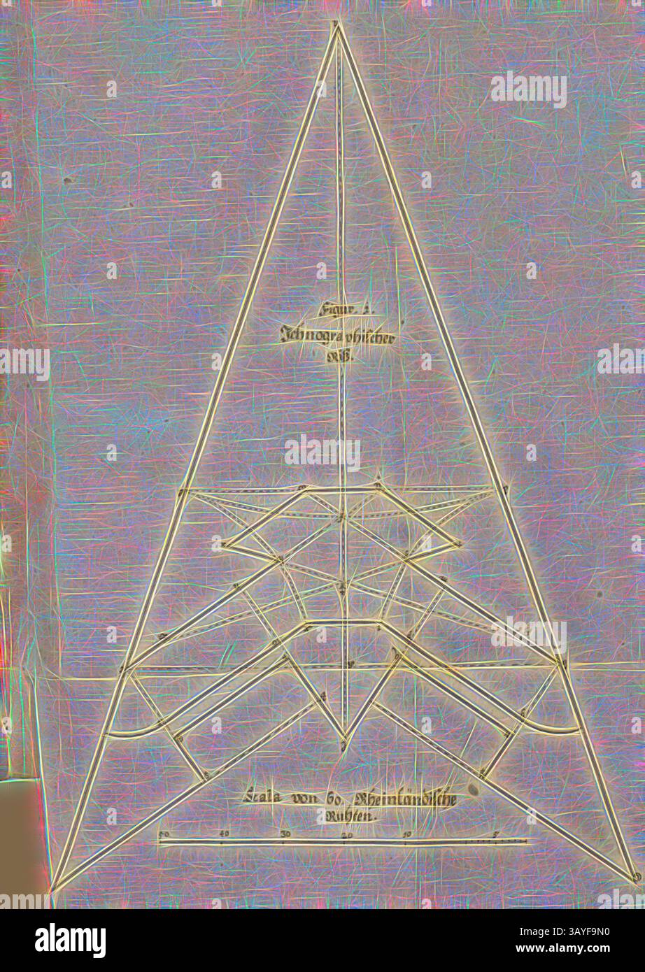 Un design géométrique avec une série de triangles interconnectés, mettant en valeur des lignes précises et des motifs complexes qui créent une composition visuellement captivante., fissure Ichnographique, plan au sol d'une section de fortification, signé : M. Haffner, Fig. 1, Haffner, Melchior (SC.), 1682, Ernst Friederich von Borgsdorff : Die unüberwindliche Festung, oder das in dem Treffen um die réputation und Libertät der Völker erhaltene Feld (...). Ulm : dans Verlag Georg Wilhelm Kühnen, 1682, art classique avec une touche moderne réinventé par Artotop Banque D'Images
