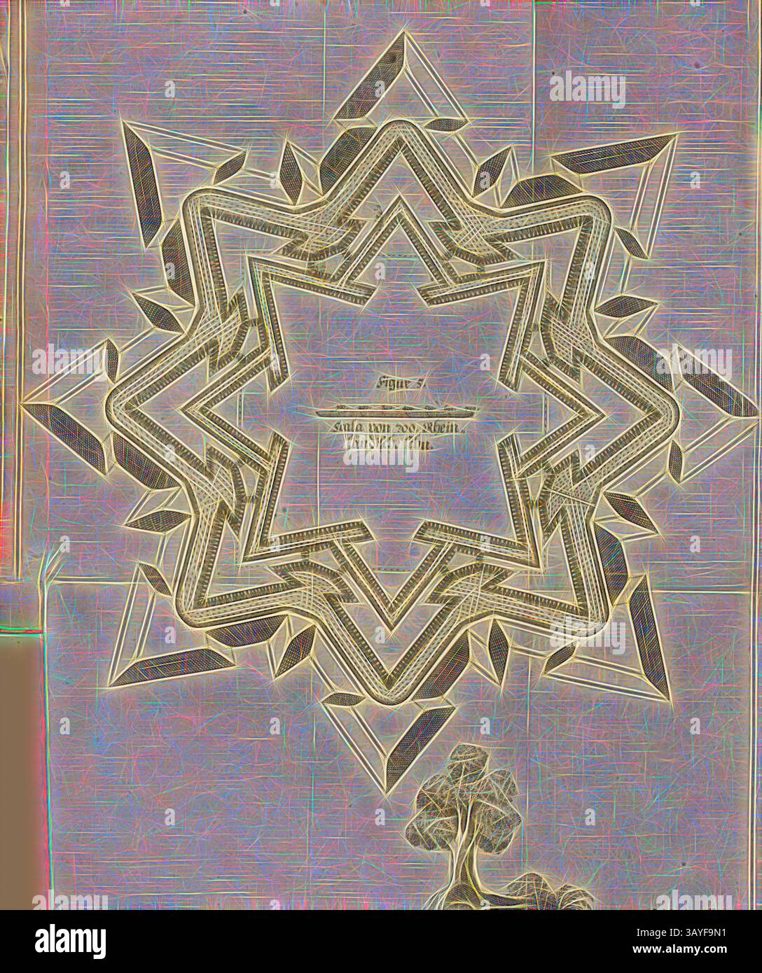 Un design géométrique d'étoile composé d'angles vifs et de formes superposées, avec une inscription centrale entourée d'éléments décoratifs. La composition globale transmet un sentiment de symétrie et de complexité, mis en évidence par des lignes et des textures contrastées., Festungsanlage(2), plan d’étage, Fig. 5, Haffner, Melchior (SC.), 1682, Ernst Friederich von Borgsdorff : Die unüberwindliche Festung, oder das in dem Treffen um die réputation und Libertät der Völker erhaltene Feld (...). Ulm : dans Verlag Georg Wilhelm Kühnen, 1682, art classique avec une touche moderne réinventé par Artotop Banque D'Images