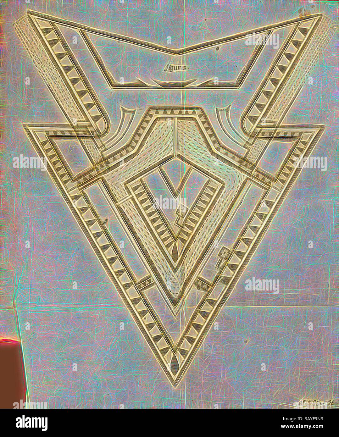 Une conception géométrique complexe avec des motifs superposés et des angles vifs, créant une impression de profondeur et de dimension. La combinaison des lignes et des formes forme un visuel saisissant qui attire le regard vers l'intérieur., Ausschnitt einer Festungsanlage(1), plan d'étage, Fig. 3, Haffner, Melchior (SC.), 1682, Ernst Friederich von Borgsdorff : Die unüberwindliche Festung, oder das in dem Treffen um die réputation und Libertät der Völker erhaltene Feld (...). Ulm : dans Verlag Georg Wilhelm Kühnen, 1682, art classique avec une touche moderne réinventé par Artotop Banque D'Images