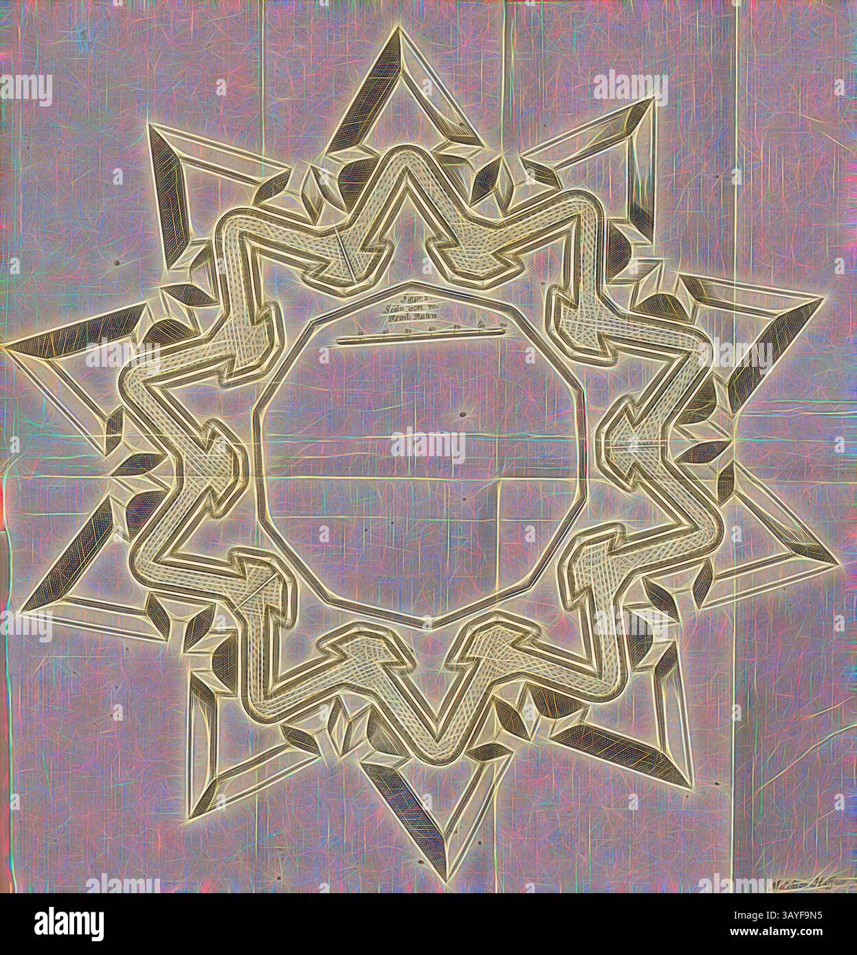 Un dessin géométrique présentant une forme d'étoile complexe avec des motifs complexes, rayonnant vers l'extérieur à partir d'un cercle central, enveloppé de teintes pastel qui créent un effet onirique et éthéré., Festungsanlage(1), plan d'étage, Fig. 2, Haffner, Melchior (SC.), 1682, Ernst Friederich von Borgsdorff : Die unüberwindliche Festung, oder das in dem Treffen um die réputation und Libertät der Völker erhaltene Feld (...). Ulm : dans Verlag Georg Wilhelm Kühnen, 1682, art classique avec une touche moderne réinventé par Artotop Banque D'Images