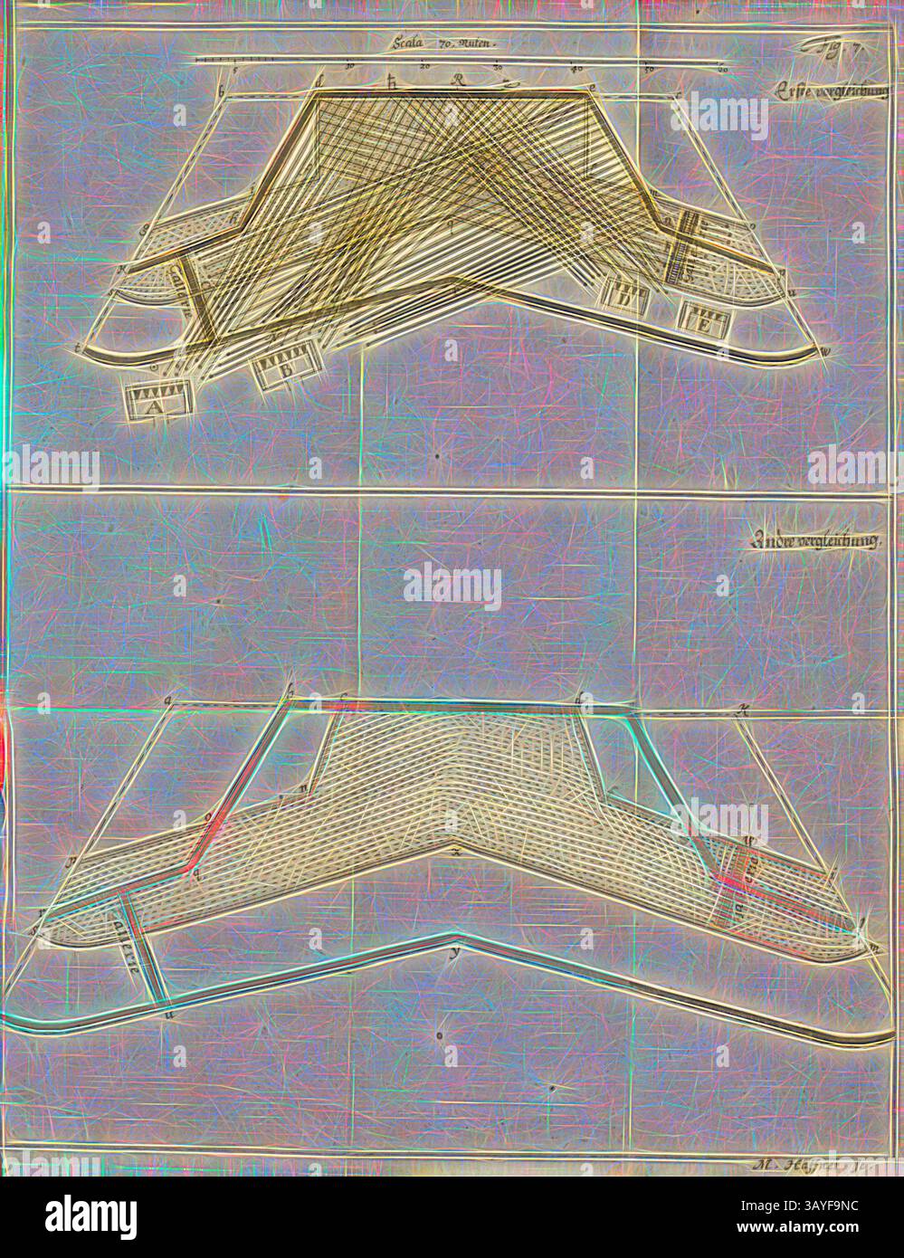 Plan architectural détaillé représentant une structure aux lignes et aux dimensions complexes, présentant à la fois une vue de dessus et une vue latérale. La conception met l'accent sur des mesures précises, des contours et des annotations pertinentes pour le processus de construction., première comparaison - Andre comparaison, plan d'étage, signé : M. Haffner, Fig. 7, Haffner, Melchior (SC.), 1682, Ernst Friederich von Borgsdorff : Die unüberwindliche Festung, oder das in dem Treffen um die réputation und Libertät der Völker erhaltene Feld (...). Ulm : dans Verlag Georg Wilhelm Kühnen, 1682, art classique avec une touche moderne réinventé par Artotop Banque D'Images