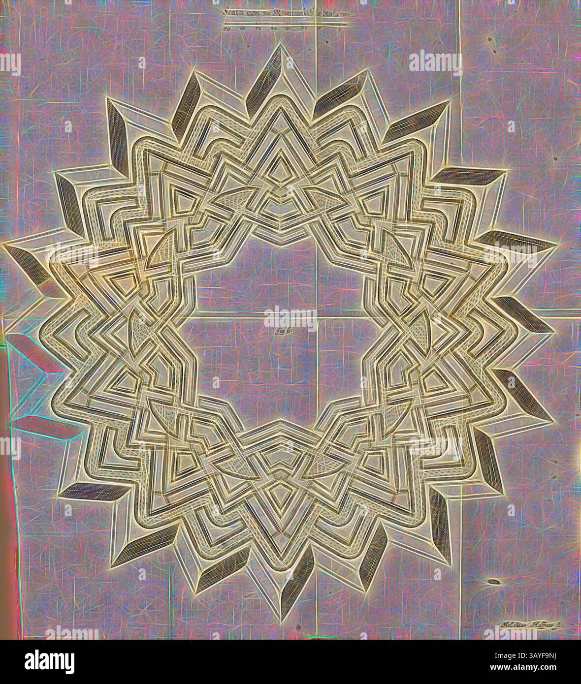 Un design géométrique fascinant présente des formes d'étoiles complexes disposées dans un motif circulaire, créant un sentiment de profondeur et de complexité. L'interaction des lignes et des formes évoque un sentiment d'harmonie et de rythme., Festungsanlage(3), plan d'étage, Fig. 6, Haffner, Melchior (SC.), 1682, Ernst Friederich von Borgsdorff : Die unüberwindliche Festung, oder das in dem Treffen um die réputation und Libertät der Völker erhaltene Feld (...). Ulm : dans Verlag Georg Wilhelm Kühnen, 1682, art classique avec une touche moderne réinventé par Artotop Banque D'Images