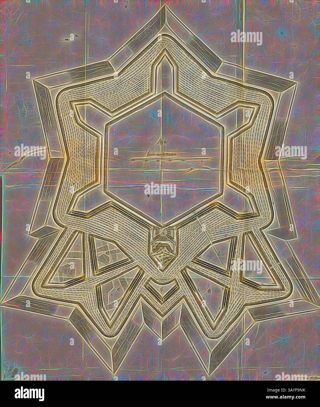 Un dessin géométrique avec des formes d'étoiles qui se chevauchent, minutieusement détaillées avec des lignes fines et un emblème central, créant un effet fascinant qui attire l'œil dans ses motifs symétriques., Festungsanlage(4), plan d'étage, Fig. 8, Haffner, Melchior (SC.), 1682, Ernst Friederich von Borgsdorff : Die unüberwindliche Festung, oder das in dem Treffen um die réputation und Libertät der Völker erhaltene Feld (...). Ulm : dans Verlag Georg Wilhelm Kühnen, 1682, art classique avec une touche moderne réinventé par Artotop Banque D'Images