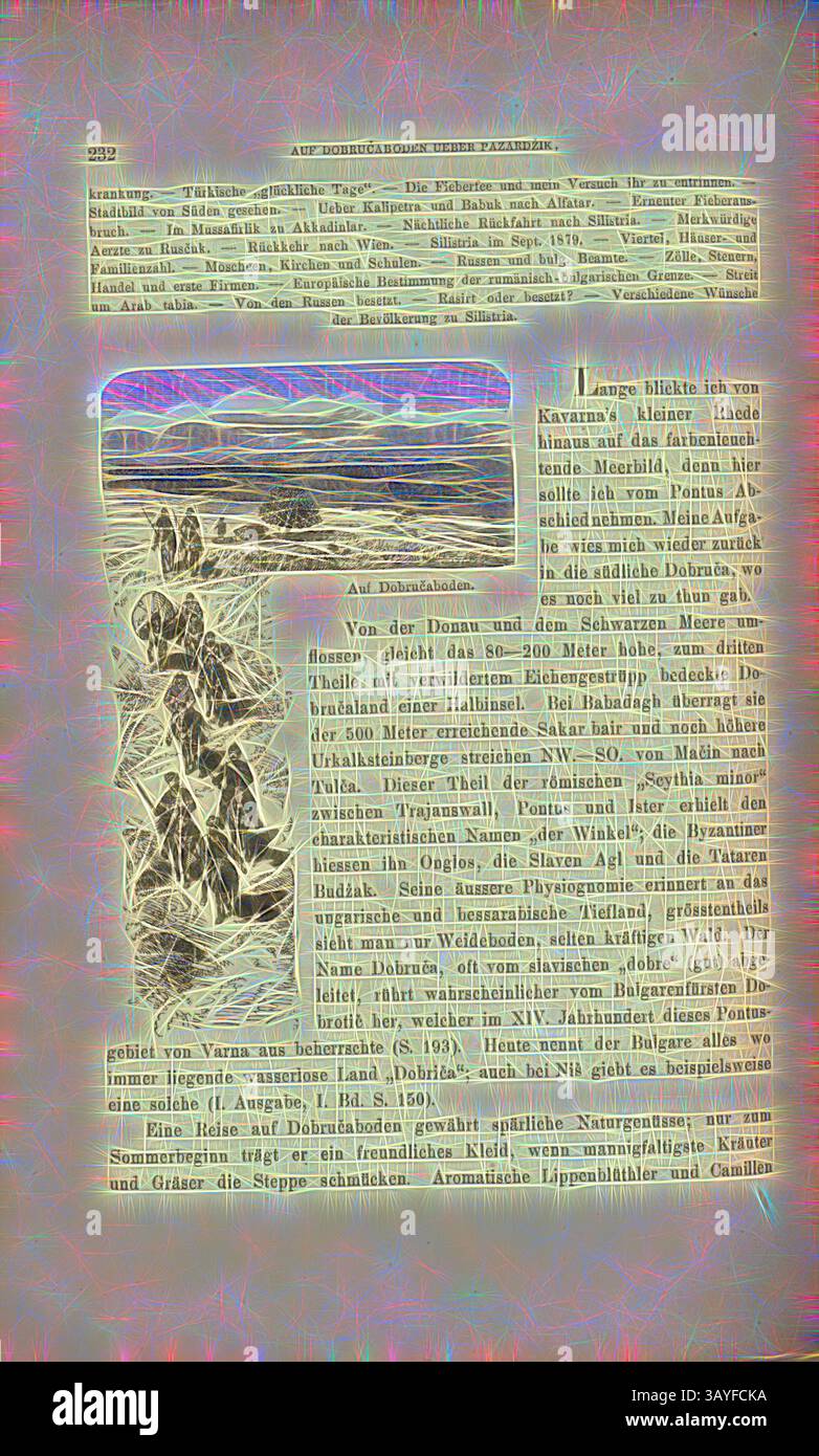Un paysage pittoresque avec des collines ondoyantes et des montagnes lointaines, avec un littoral déchiqueté et de douces vagues qui se détendent sur le rivage. Au premier plan, un chemin mène à travers un champ, faisant allusion à un voyage ou à une exploration. Le texte entourant l'image semble être historique, discutant des caractéristiques géographiques ou des récits de voyage. La composition globale mélange la beauté naturelle avec un sens de l'aventure., sur le sol de Dobruc, soldats sur la péninsule de Dobruja, Fig. 108, p. 232, 1879, F. Kanitz : Donau-Bulgarien und der Balkan : historisch-geoisch-ethnographische Reisestudien aus den Jahren 1860-1879 Banque D'Images