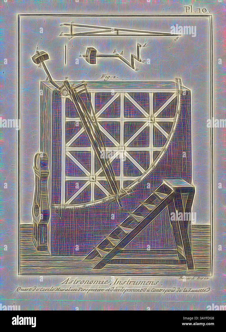 Une illustration complexe d'un instrument astronomique, avec un grand cadre incurvé avec des repères de mesure, un bras rotatif et divers composants de précision disposés stratégiquement. La conception reflète les complexités de la navigation céleste et de l'exploration scientifique, mettant en valeur le mélange de l'art et de l'ingénierie dans les outils astronomiques., astronomie, Instrumens. Quartier de Wall Circle ..., astronomie, Wall Quadrant, signé : Benard Direx, PL. 10, après p. 14, Benard (dir.), Denis Diderot ; M. d'Alembert : Encyclopédie, ou dictionnaire raisonné des sciences, des arts et des métierss, des Banque D'Images