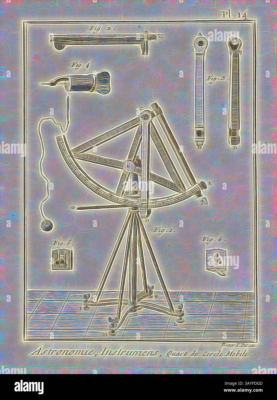 Une illustration montrant divers instruments astronomiques, y compris une monture d'altitude et d'azimut, ainsi que des diagrammes détaillés des outils et appareils connexes utilisés dans la navigation et l'observation célestes. La mise en page présente des figures étiquetées pour référence., astronomie, Instrumens, Quarter Circle Mobile, astronomie, quadrant, signé : Benard Direx, PL. 14, après p. 14, Benard (dir.), Denis Diderot ; M. d'Alembert : Encyclopédie, ou dictionnaire raisonné des sciences, des arts et des métierss, des arts et des métiers. Genève : chez Pellet, MDCCLXXVIII [1778], Art classique avec une touche moderne Banque D'Images